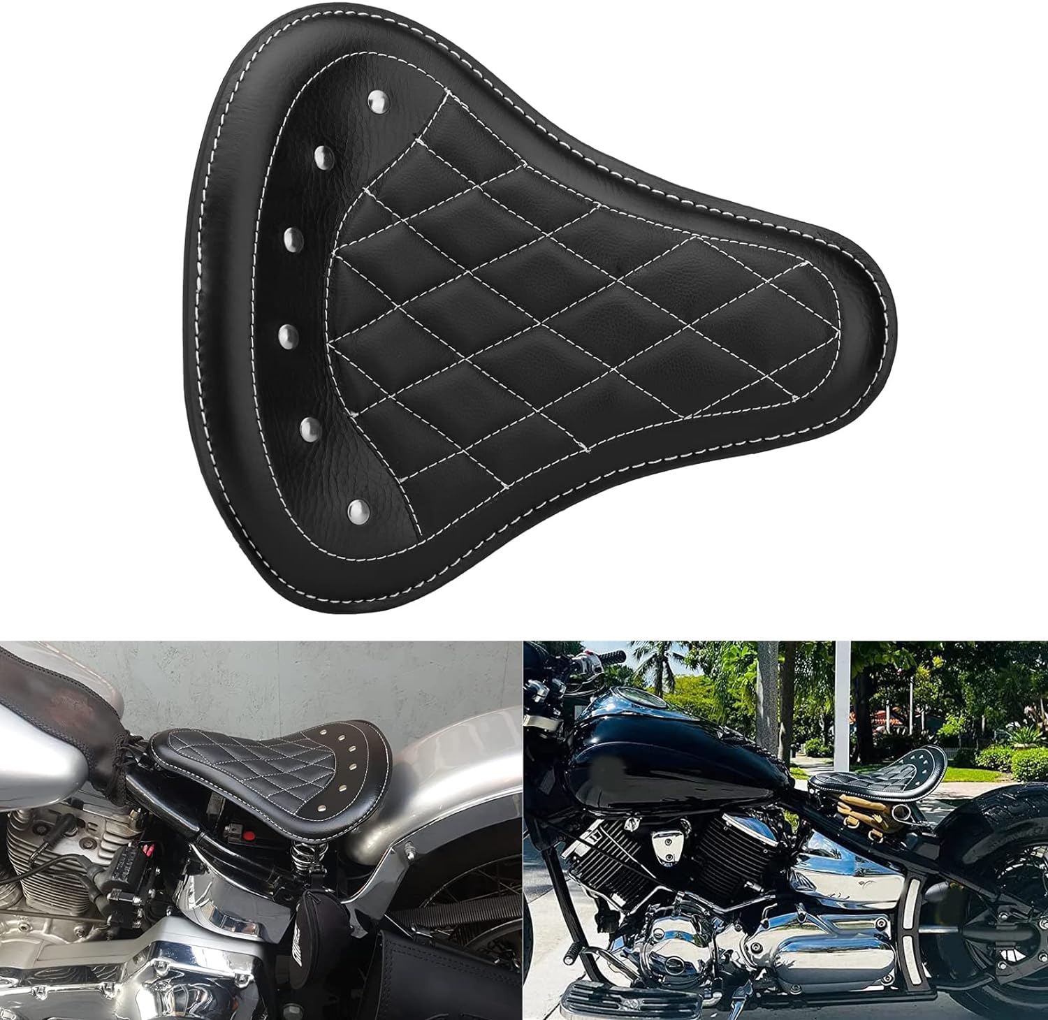 LKV Motorcycle Solo Seat with Spring Base,Black Leather Motorcycle Seat Compatible with Harley Sportster XL 883 1200 Honda Yamaha Kawasaki Suzuki Sportster Bobber Chopper