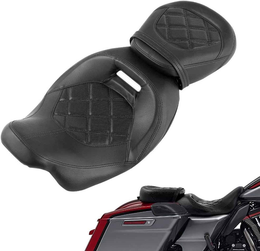 Low-Profile Two-Piece 2-Up Rider Passenger Pillion Leather Seat For Harley Touring Road King Street Glide Road Glide Electra Glide CVO 2009-2023