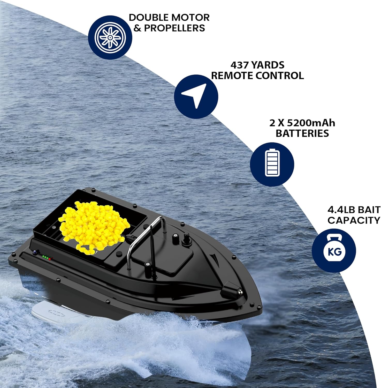 MEKNIC RC Bait Boat for Fishing, 4.4LBS Loading Fishing Bait Boat, Fish Finder with 2pcs Batteries with Dual Motors Fish Bait Boat, Fishing Tool Remote Control Boat Fishing Bait