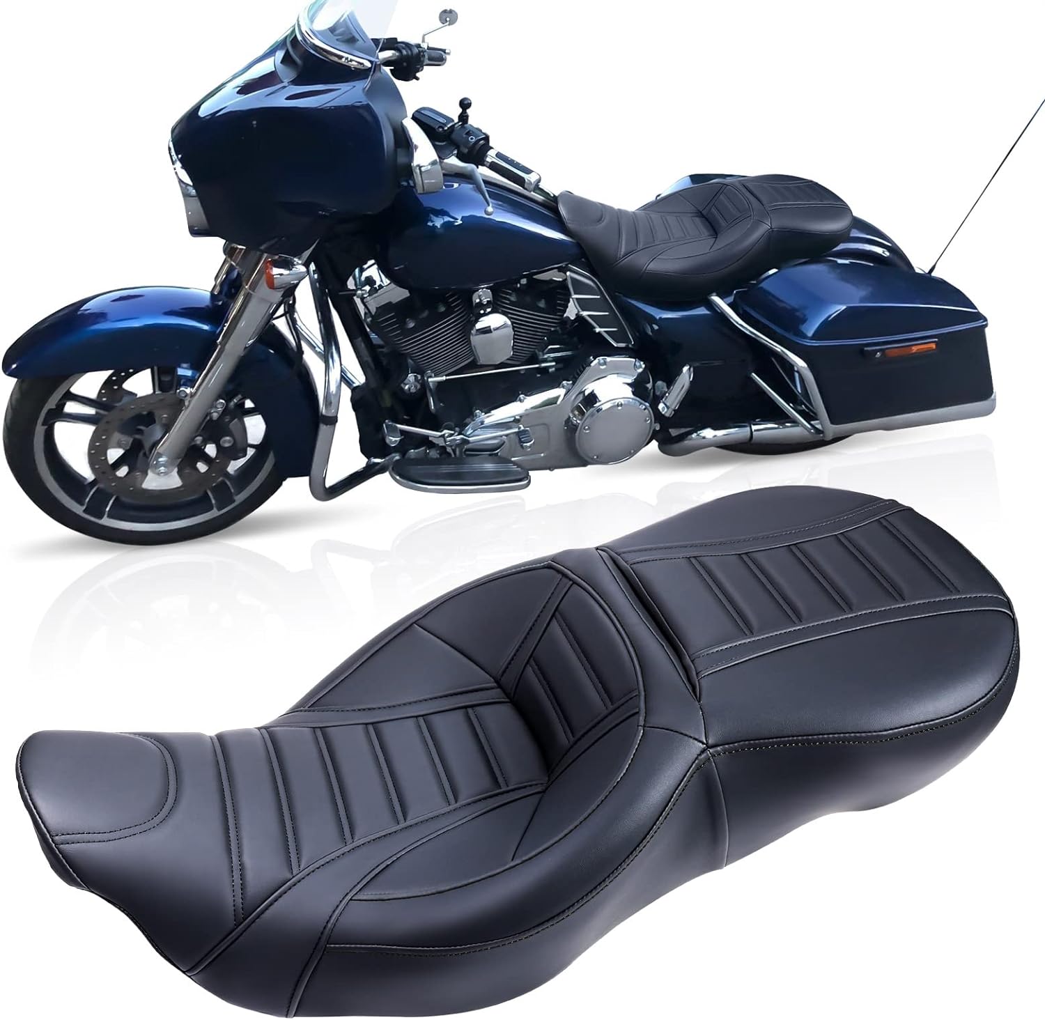 Motorcycle Rider Passenger Seat One-Piece Seat Compatible with 2009-2022 Harley Touring Road King Ultra CVO Street Glide Road Glide Electra Glide (Black Stiching Seat A1)