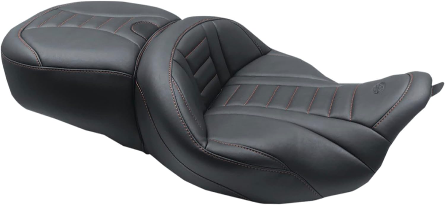 Mustang MUSTANG 0801-1374 79006AB One-Piece Deluxe Touring Seat - Black W/American Beauty Red Stitching