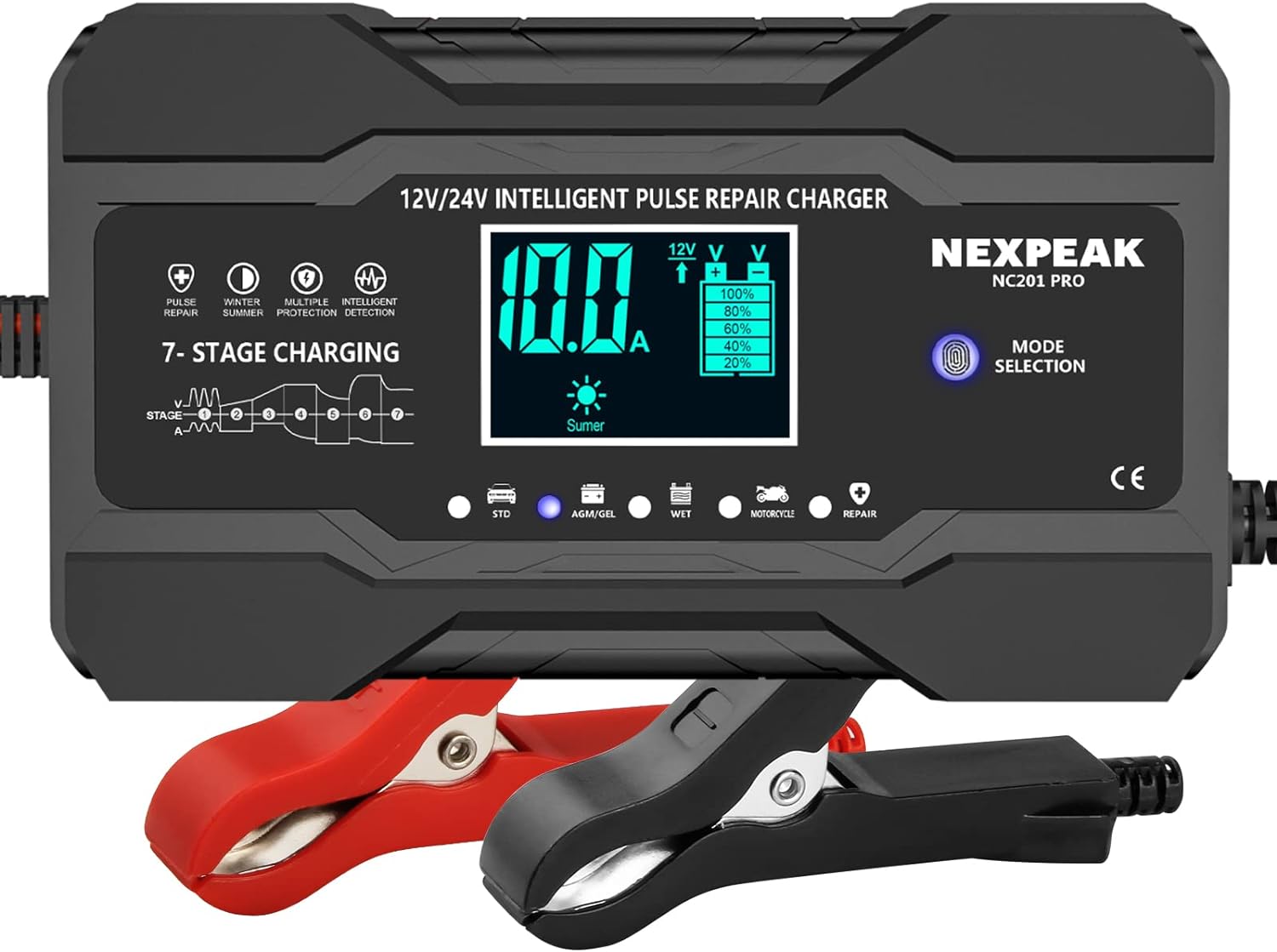 NEXPEAK 10-Amp Car Battery Charger, 12V and 24V Smart Fully Automatic Maintainer Trickle Charger w/Temperature Compensation for Truck Motorcycle Lawn Mower Boat Marine Lead Acid Batteries