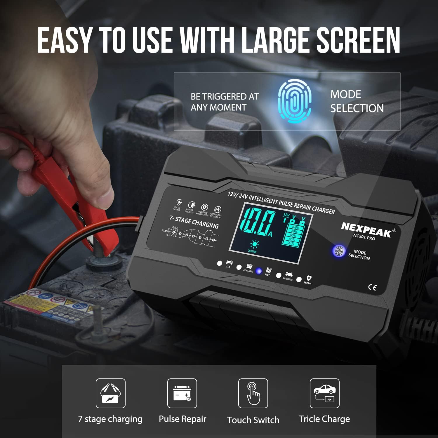 NEXPEAK 10-Amp Car Battery Charger, 12V and 24V Smart Fully Automatic Maintainer Trickle Charger w/Temperature Compensation for Truck Motorcycle Lawn Mower Boat Marine Lead Acid Batteries