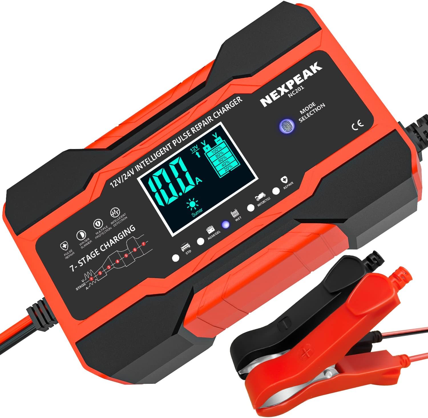 NEXPEAK 10-Amp Smart Fully Automatic Battery Charger, 12V and 24V, Maintainer Trickle Charger w/Temperature Compensation for Car Truck Motorcycle Lawn Mower Boat Marine Lead Acid Batteries