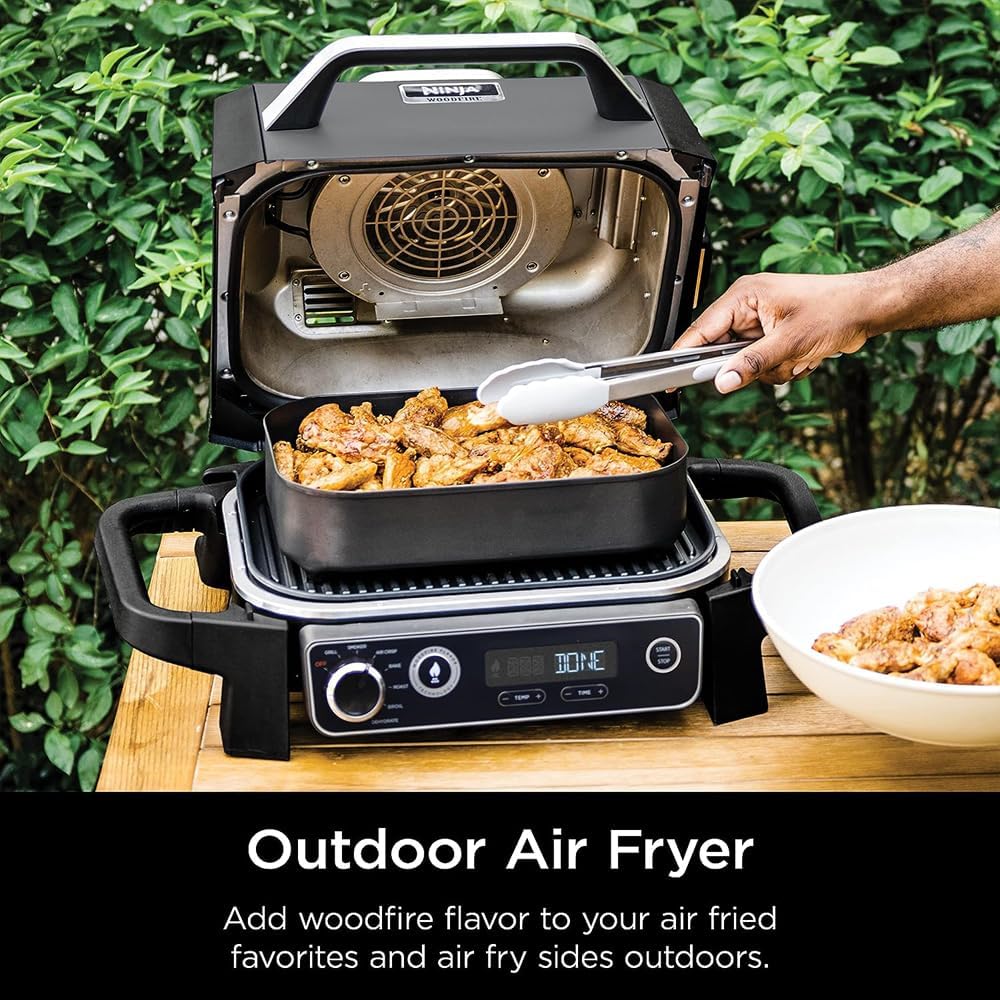 Ninja OG701 Woodfire Outdoor Grill  Smoker 7-in-1 Air Fryer Bake Roast Broil uses Woodfire Pellets(1 Pack Included) Portable, Electric, Grey(Renewed)