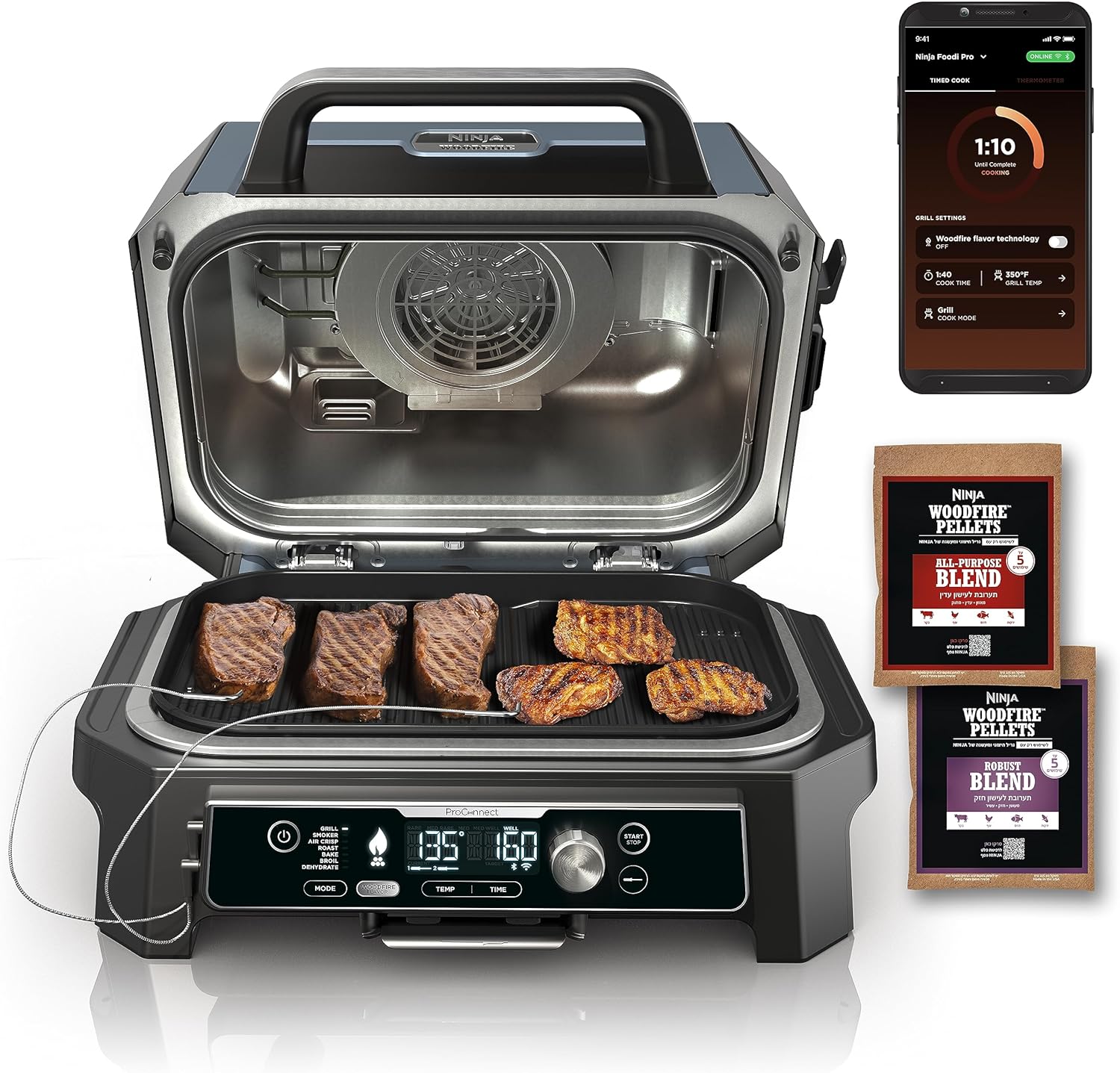 Ninja OG951 Woodfire Pro Connect Premium XL Outdoor Grill  Smoker, Bluetooth, App Enabled, 7-in-1 Master Grill, BBQ Smoker, Outdoor Air Fryer, Woodfire Technology, 2 Built-In Thermometers, Black