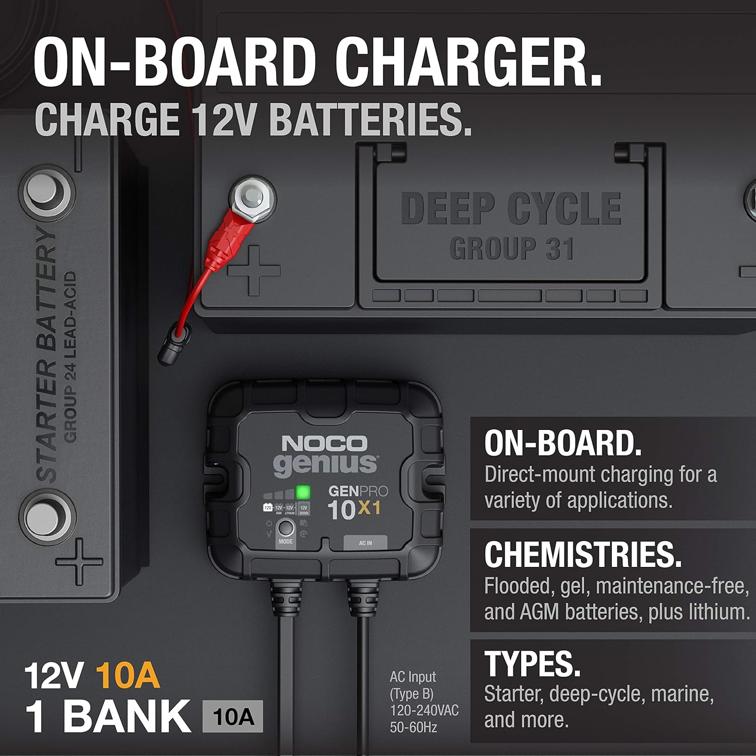 NOCO 10A Smart Marine Battery Charger for AGM, Lithium, and Deep-Cycle Batteries - 12V, Waterproof, Onboard Boat