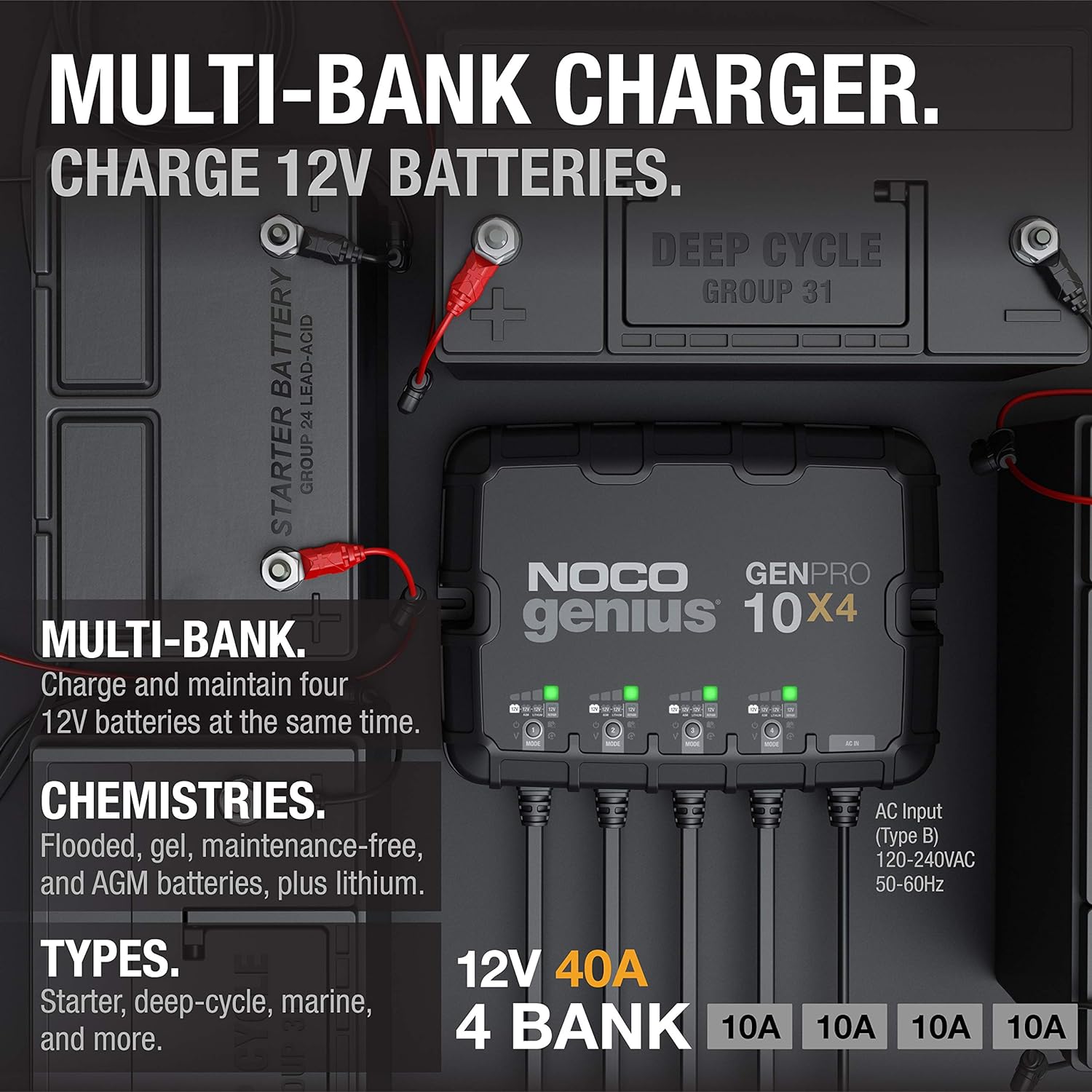 NOCO 40A 4-Bank Smart Marine Battery Charger for AGM, Lithium and Deep-Cycle Batteries - Waterproof 12V Onboard Boat Charger and Maintainer