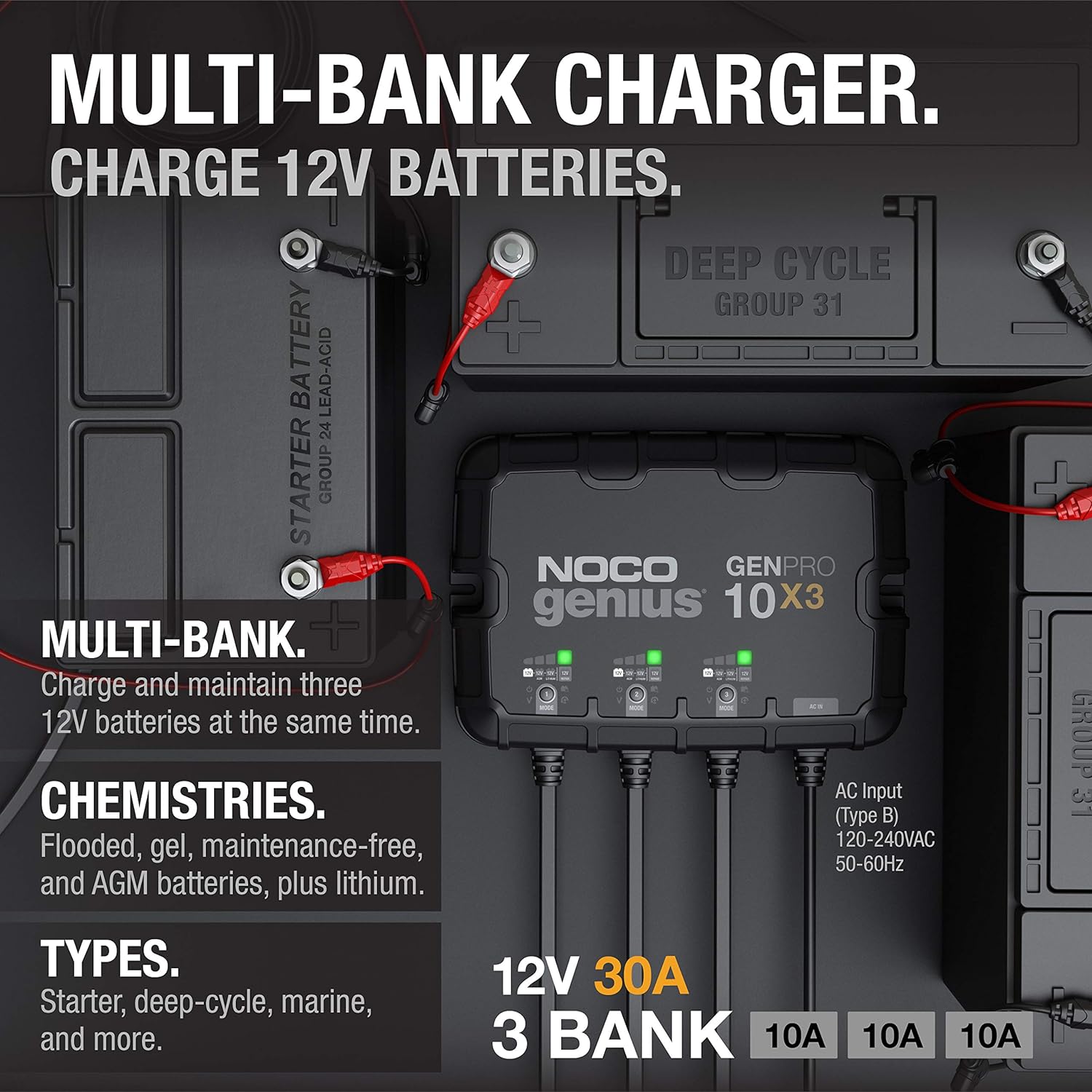 NOCO GENPRO10X3 30A 3-Bank Smart Marine Battery Charger for AGM, Lithium, and Deep-Cycle Batteries