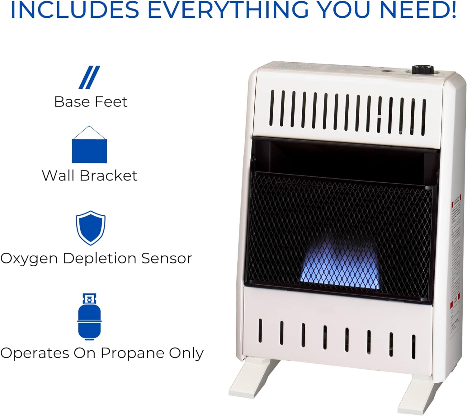 ProCom ML100TBA-B Ventless Propane Gas Blue Flame Space Heater with Thermostat Control for Home and Office Use, 10000 BTU, Heats Up to 500 Sq. Ft., Includes Wall Mount and Base Feet, White