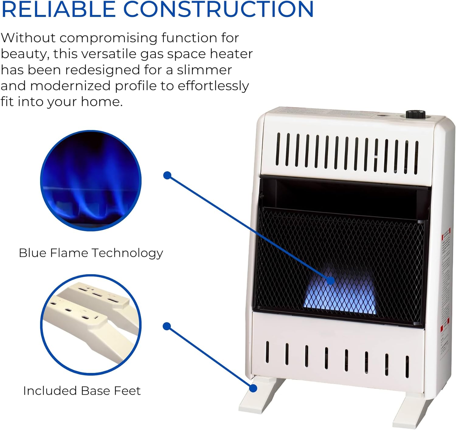 ProCom ML100TBA-B Ventless Propane Gas Blue Flame Space Heater with Thermostat Control for Home and Office Use, 10000 BTU, Heats Up to 500 Sq. Ft., Includes Wall Mount and Base Feet, White