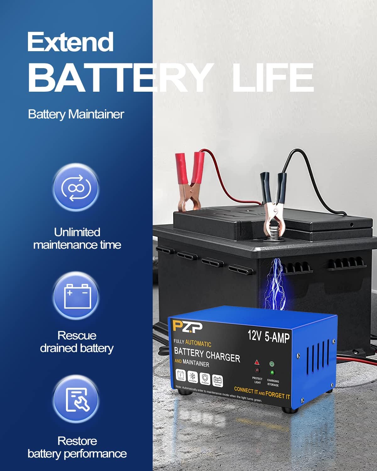 PZ.P 12V 5AMP Battery Charger Smart Marine and Automotive Battery Charger 12 Volt Trickle Charger Battery Maintainer Fully Automatic Car Deep Cycle Charger for Lawn Mower RV Motorcycle Boat Auto ATV