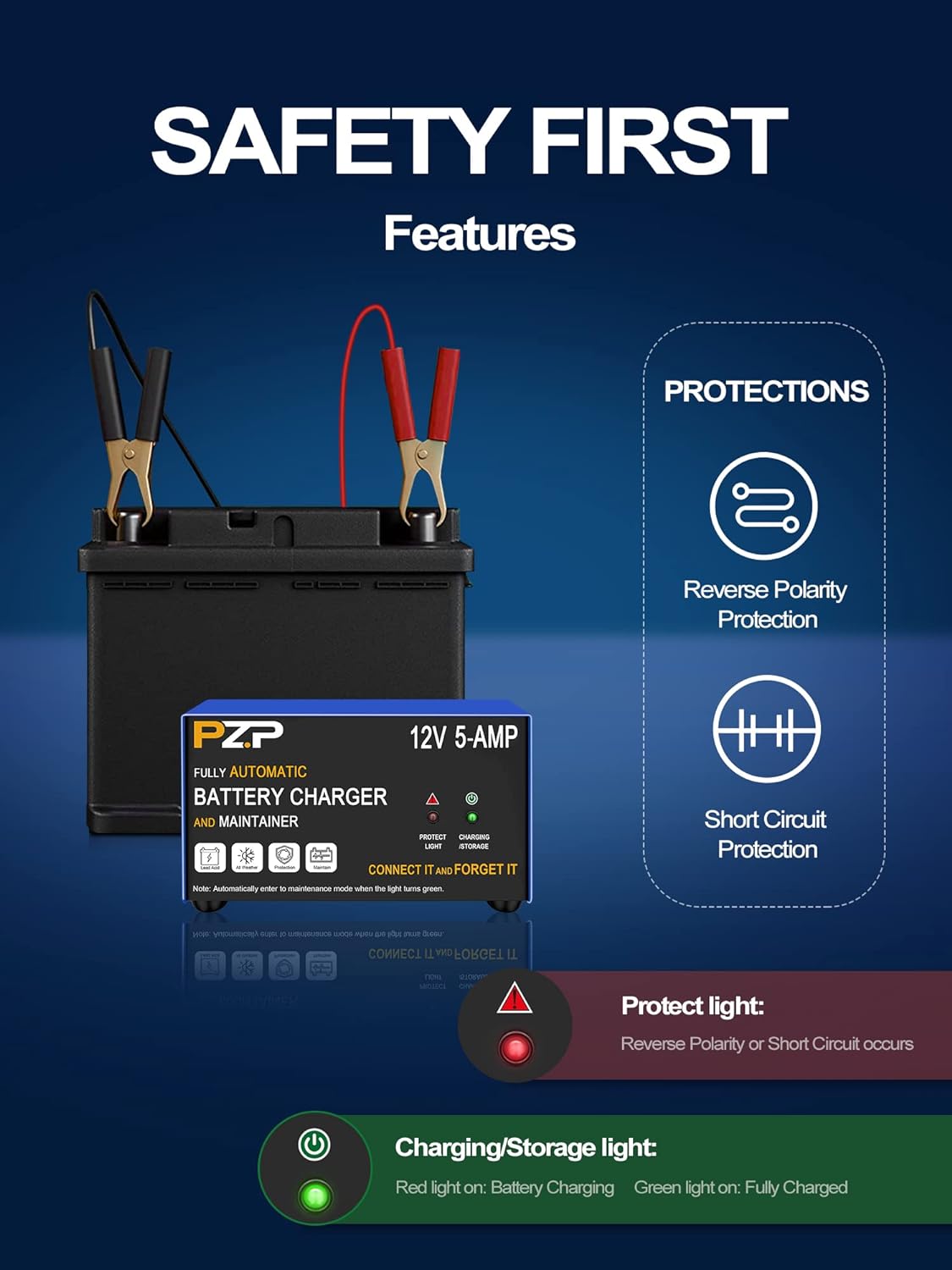 PZ.P 12V 5AMP Battery Charger Smart Marine and Automotive Battery Charger 12 Volt Trickle Charger Battery Maintainer Fully Automatic Car Deep Cycle Charger for Lawn Mower RV Motorcycle Boat Auto ATV