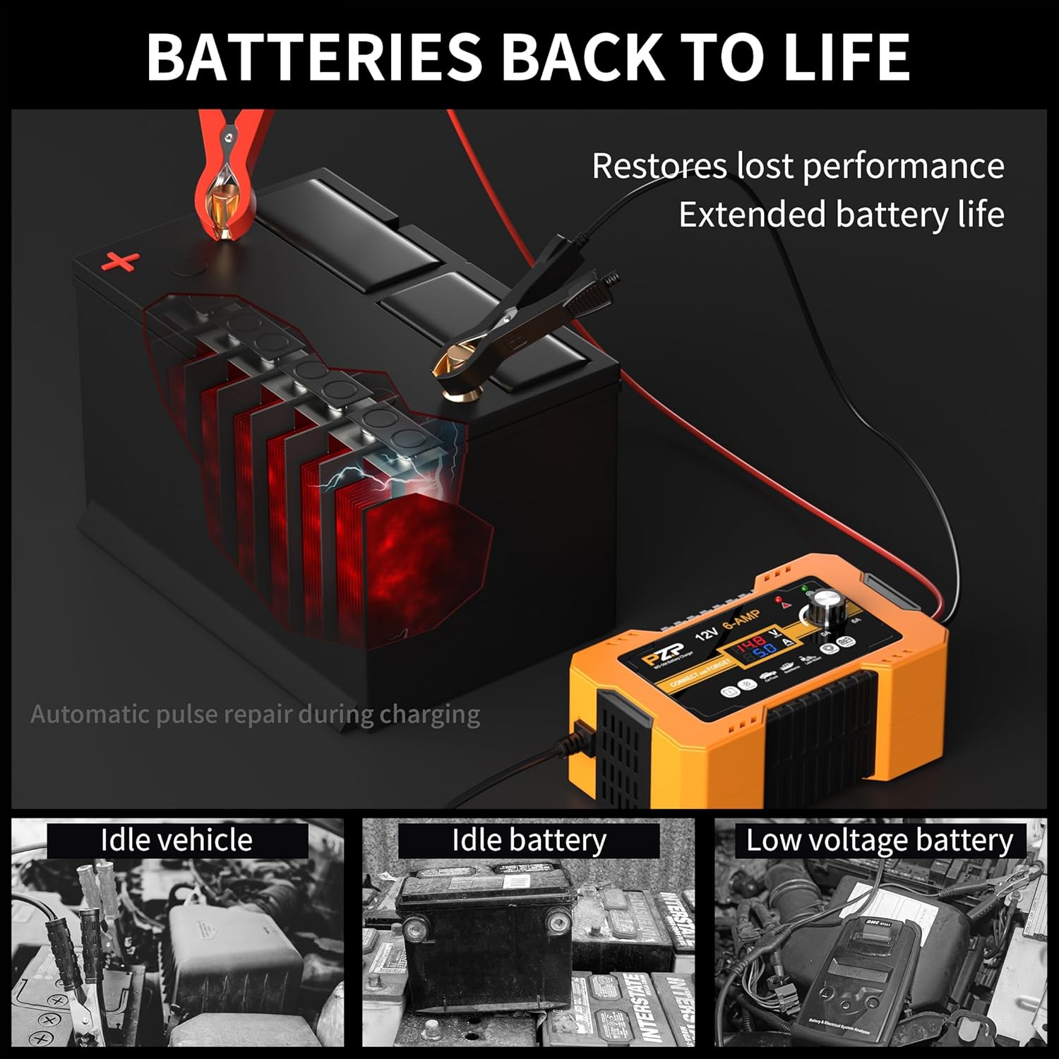 PZP 12V Car Battery Charger, 0-10A Smart Manual Trickle Charger, Automatic Battery Maintainer for Automotive Car Motorcycle Boat Marine RV Lawnmower AGM Deep Cycle, Auto Desulfator, Battery Repair