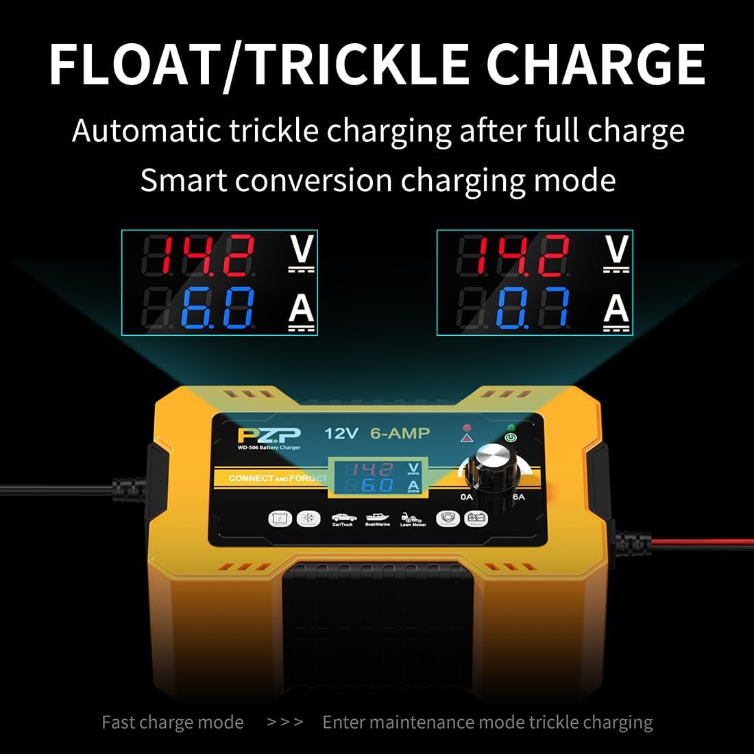 PZP 12V Car Battery Charger, 0-10A Smart Manual Trickle Charger, Automatic Battery Maintainer for Automotive Car Motorcycle Boat Marine RV Lawnmower AGM Deep Cycle, Auto Desulfator, Battery Repair