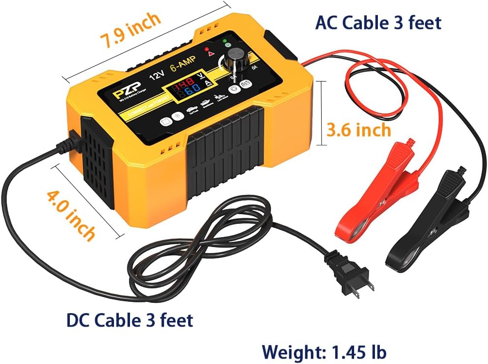 PZP 12V Car Battery Charger, 0-10A Smart Manual Trickle Charger, Automatic Battery Maintainer for Automotive Car Motorcycle Boat Marine RV Lawnmower AGM Deep Cycle, Auto Desulfator, Battery Repair