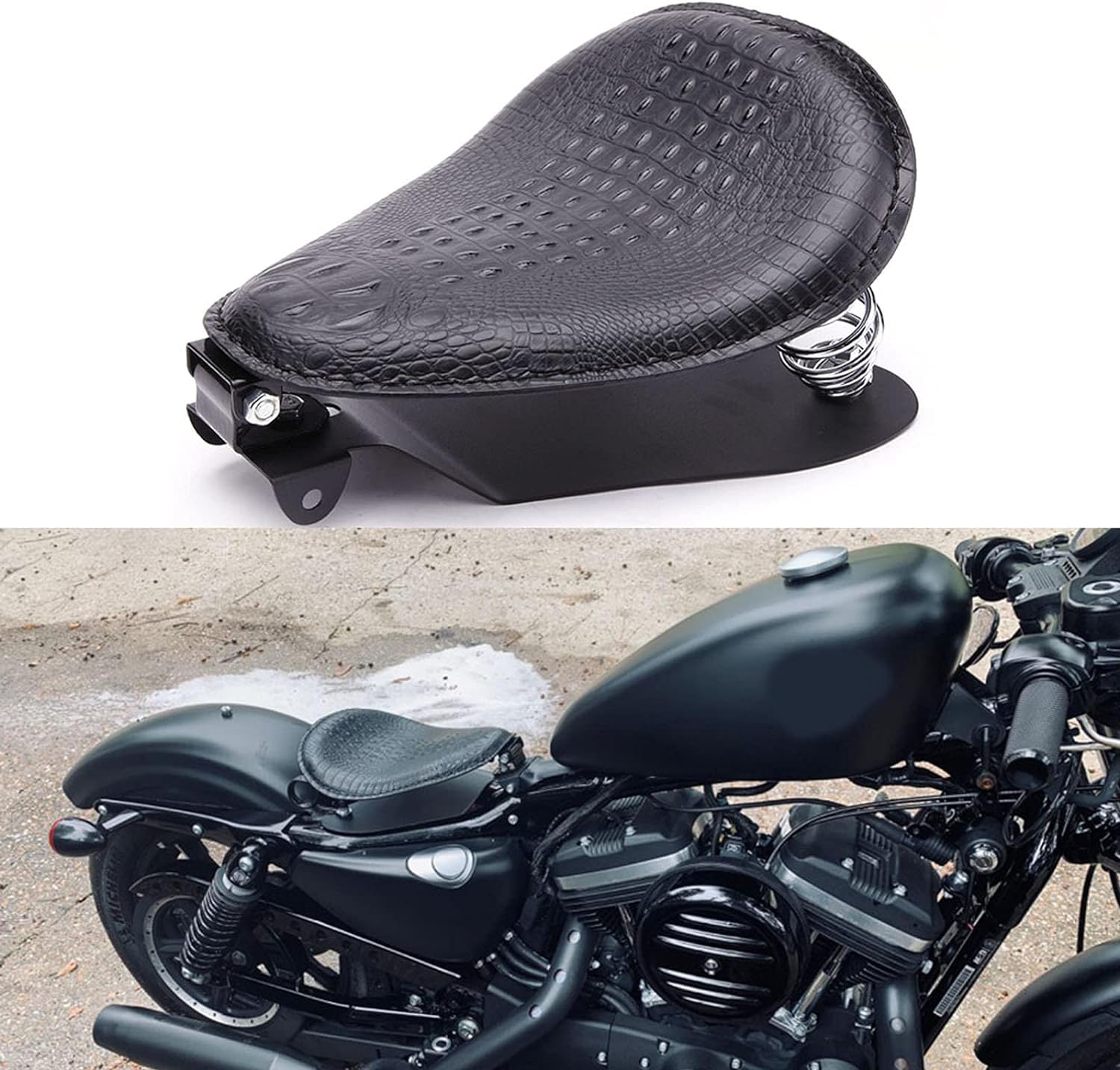 Rich Choices Black Crocodile Leather Solo Seat with Spring Bracket Kit for Harley Davidson Sportster XL 1200 883 48 Chopper Bobber Seats Custom