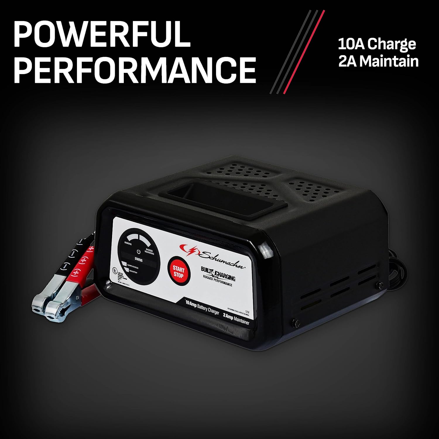 Schumacher SC1282 Fully Automatic Battery Charger and Maintainer - 10 Amp/2 Amp 12V - For Automotive, Marine, and Power Sport Batteries, Black