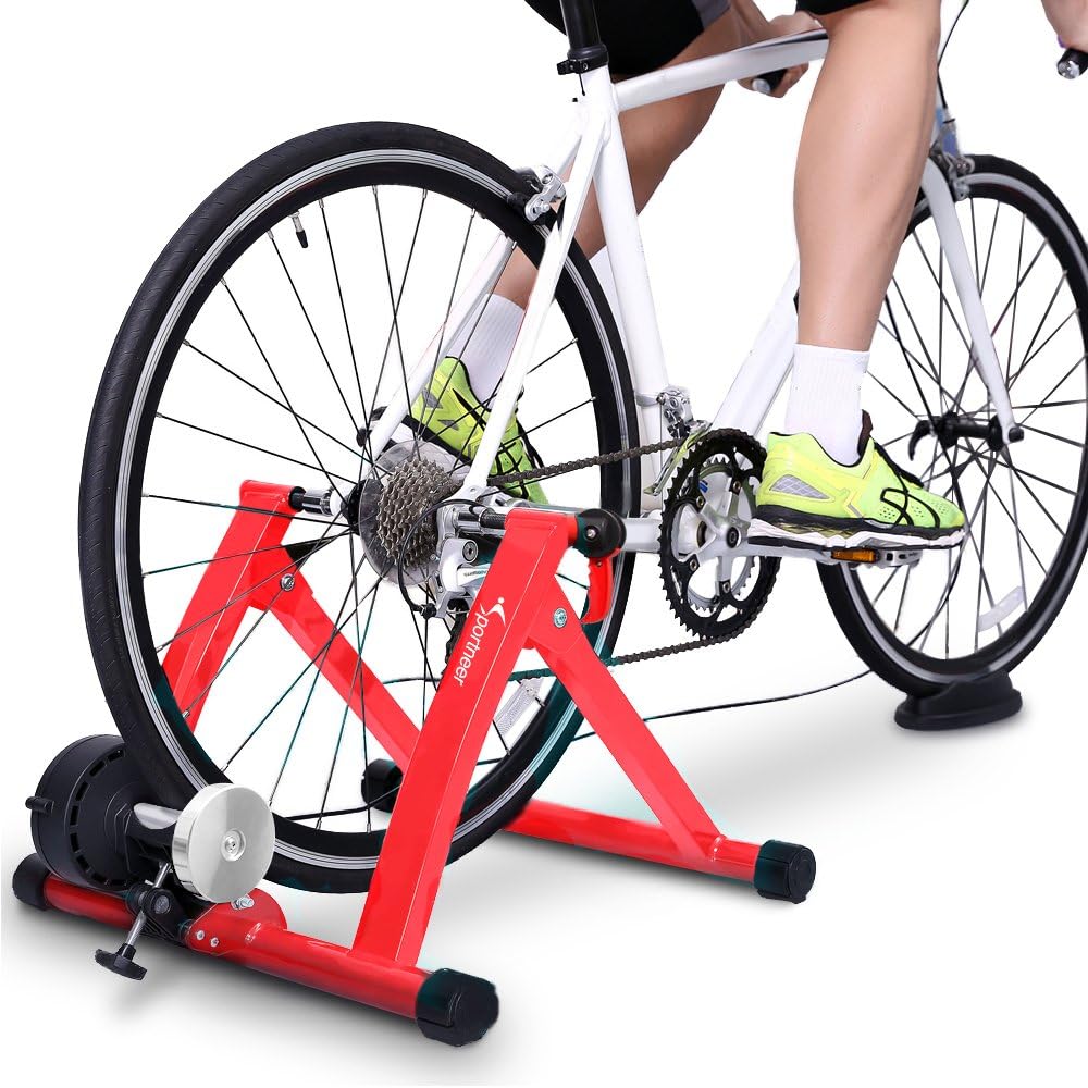 Sportneer Bike Trainer - Magnetic Stationary Bike Stand for 26-28  700C Wheels - Adjustable 6 Level Resistance Bike Trainer Stand for Indoor Riding with Quick Release Lever  Front Wheel Riser Block