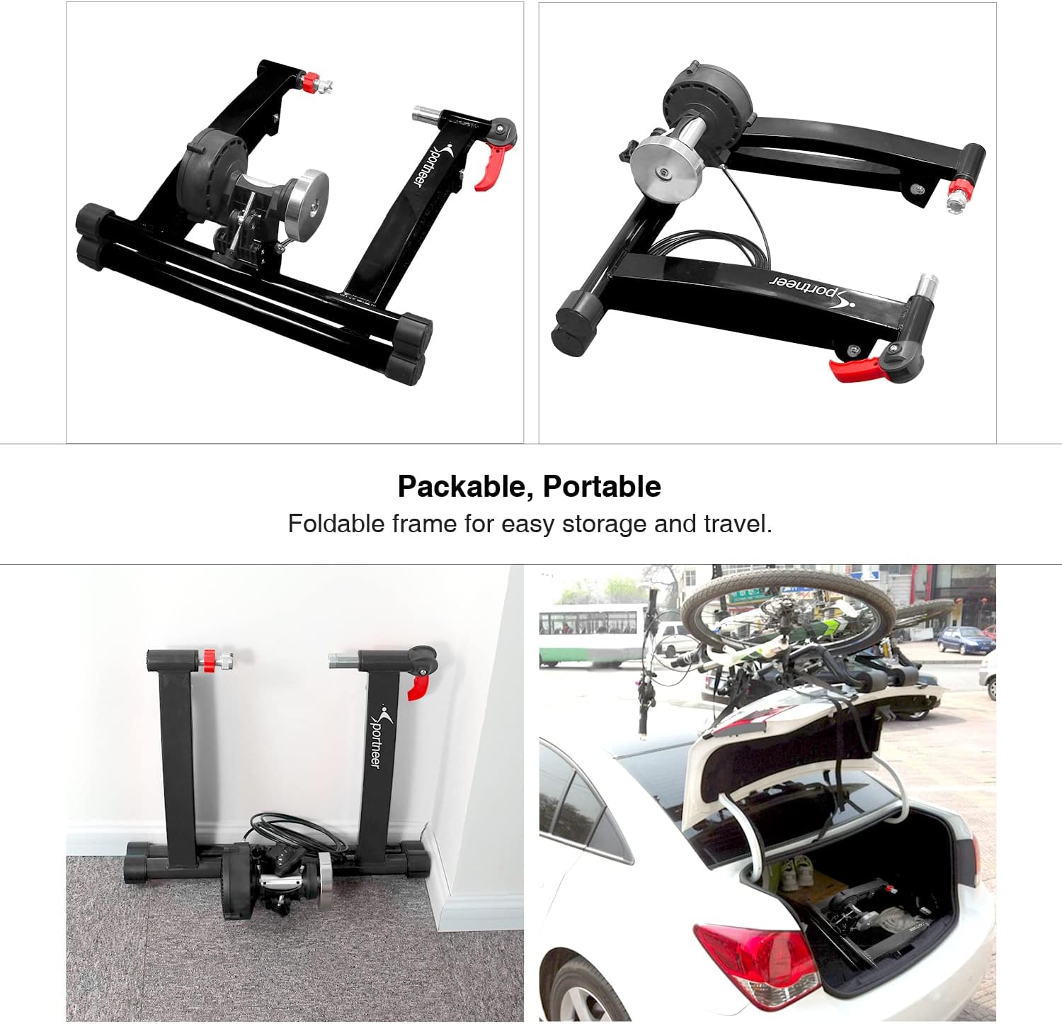 Sportneer Bike Trainer - Magnetic Stationary Bike Stand for 26-28  700C Wheels - Adjustable 6 Level Resistance Bike Trainer Stand for Indoor Riding with Quick Release Lever  Front Wheel Riser Block