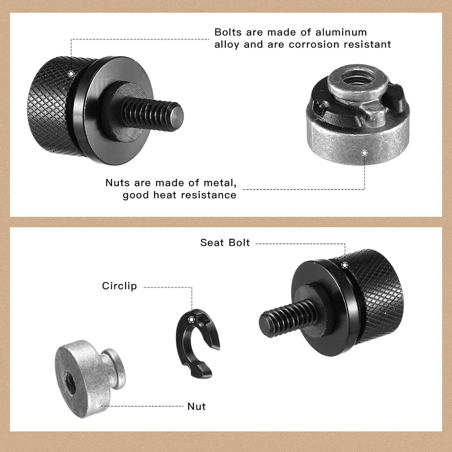 Therwen 8 Pcs Seat Bolt Screw Nut Kit Fender Seat Nut Kit 1/4-20 Thread Compatible with Harley-Davidson Sportster, Compatible with Softail Touring Dyna (Silver)