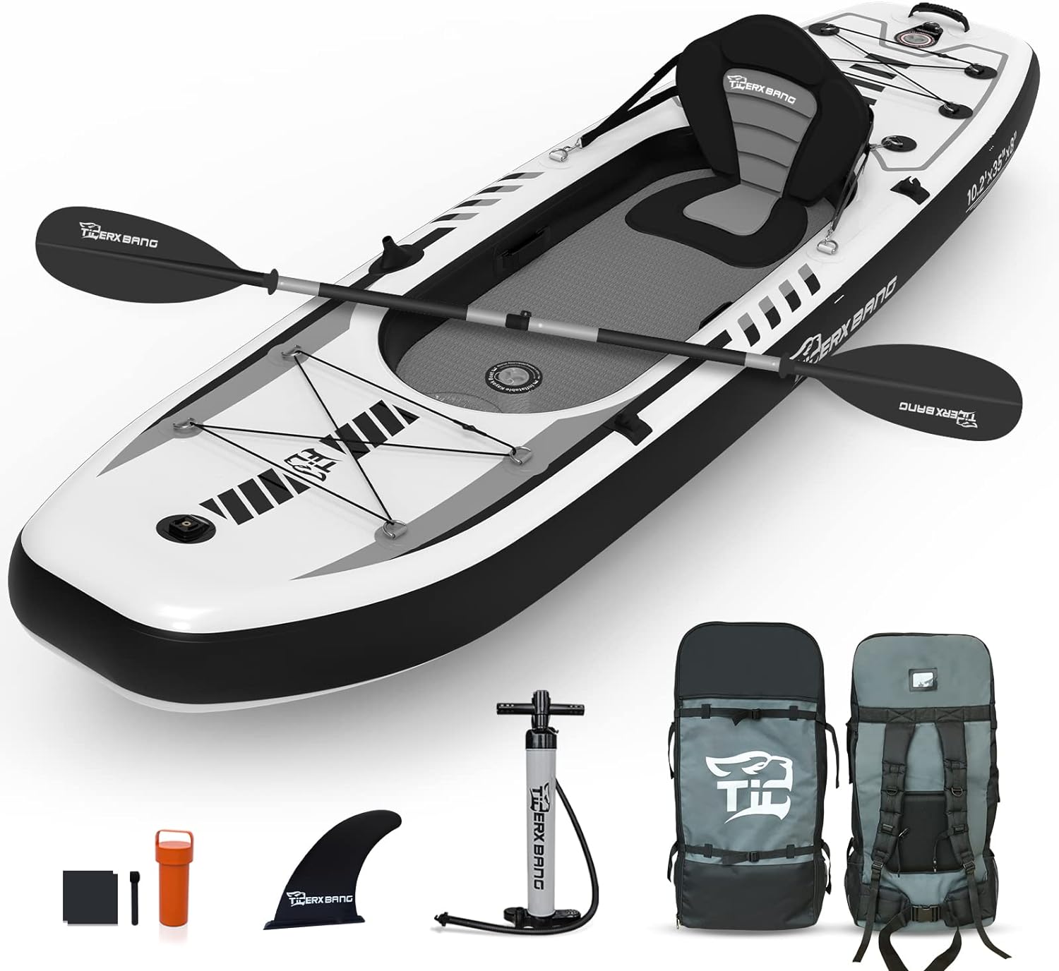 TIGERXBANG 10.2x35x8 Inflatable Kayak with Detachable Seat, SUP-Kayak Set Includes Hand Pump/Aluminum Oar/Backpack, Kayak Boat for Adults/Kids | for Fishing, Touring