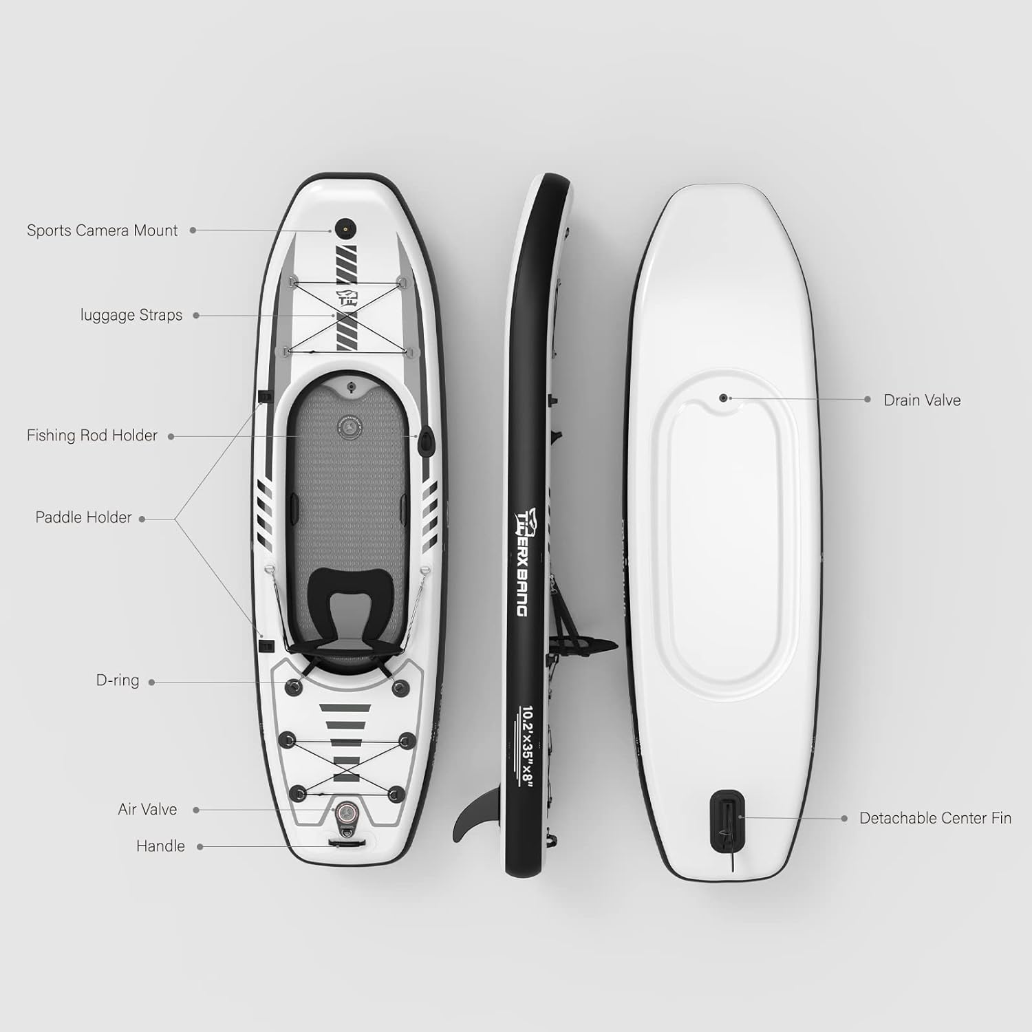 TIGERXBANG 10.2x35x8 Inflatable Kayak with Detachable Seat, SUP-Kayak Set Includes Hand Pump/Aluminum Oar/Backpack, Kayak Boat for Adults/Kids | for Fishing, Touring