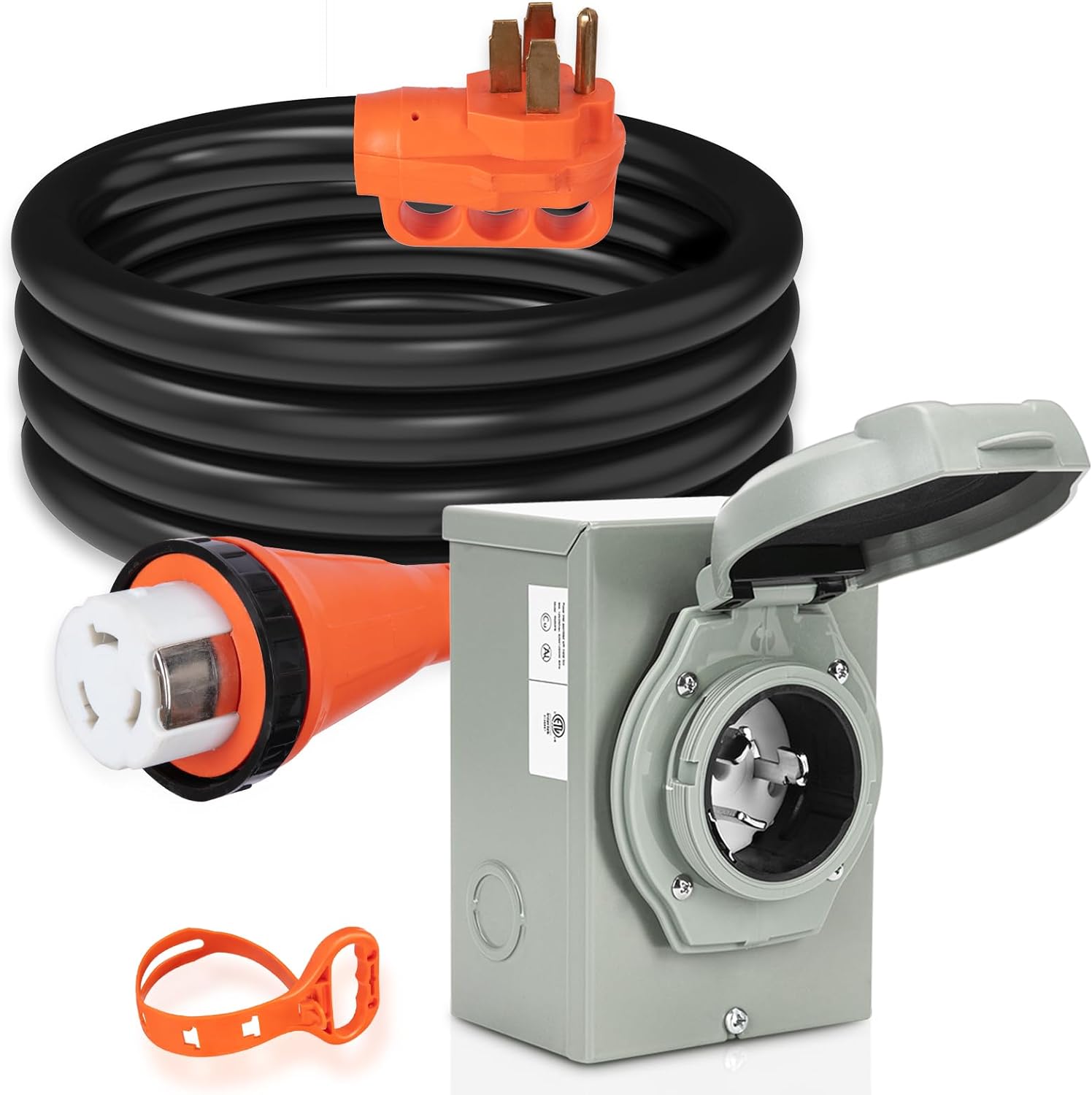 WELLUCK 50 Amp Emergency Power Combo Kit with SS2-50 Inlet Box and 15 FT Power Cord, 50A Generator Power Inlet Box, NEMA 14-50P to SS2-50R RV Power Extension Cord with Grip Handle, ETL Listed