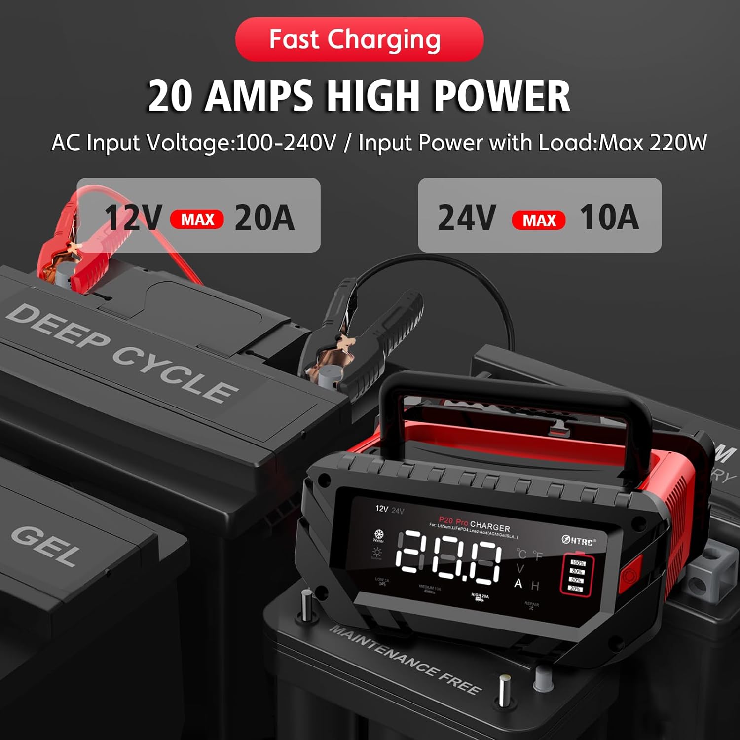 20 Amp Battery Charger, 12V/24V Fully-Automatic Smart Car Battery Charger, Lithium,Lifepo4 Float Charger, Trickle Charger, Maintainer/Pulse Repair Charger for Car, Boat, Motorcycle, Lawn Mower..