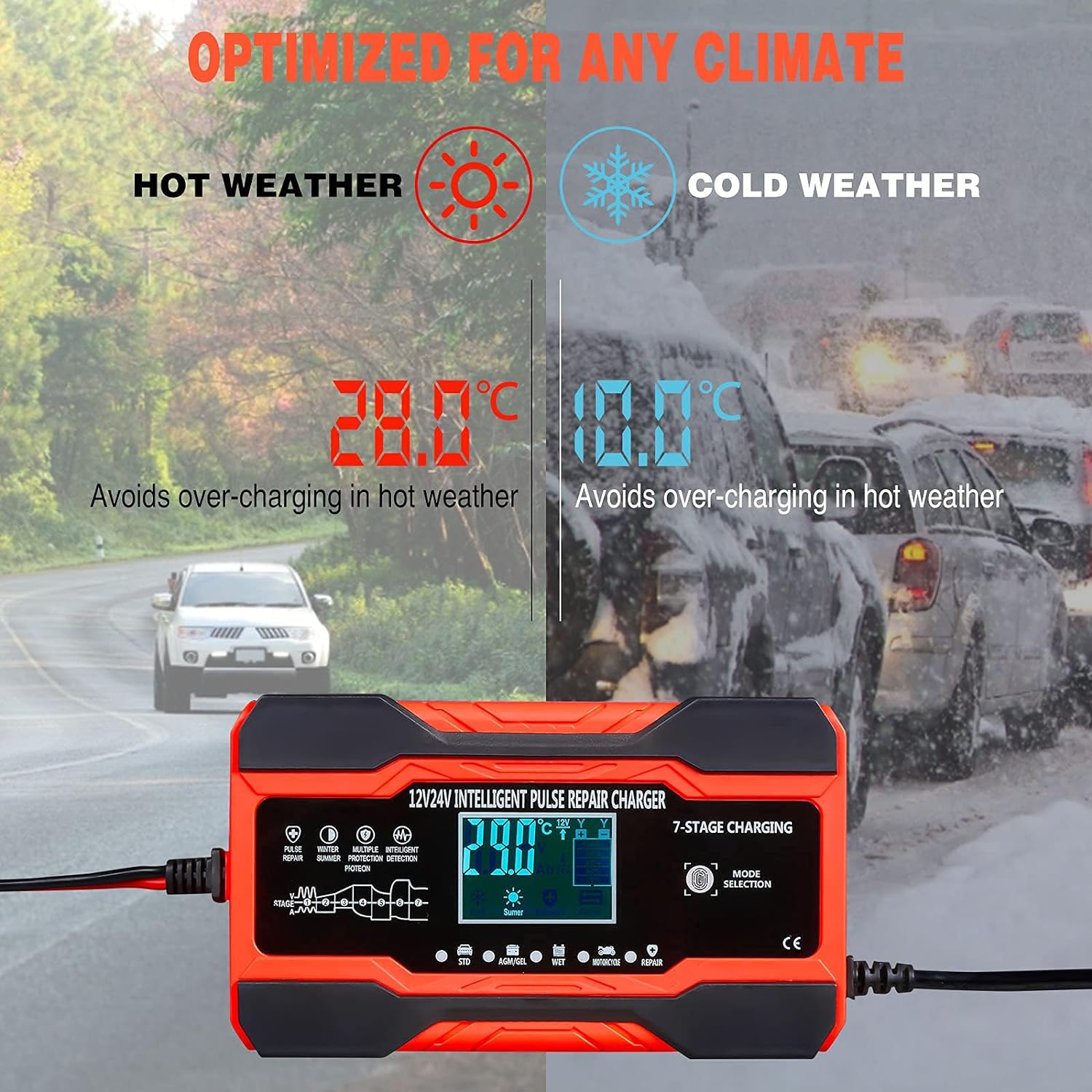 ABLY Battery Charger 10-Amp - 12V and 24V Automotive Trickle Charger for Car Battery, Fully-Automatic Temperature Compensation, Battery Maintainer for Car Truck Motorcycle Lawn Mower Boat Marine