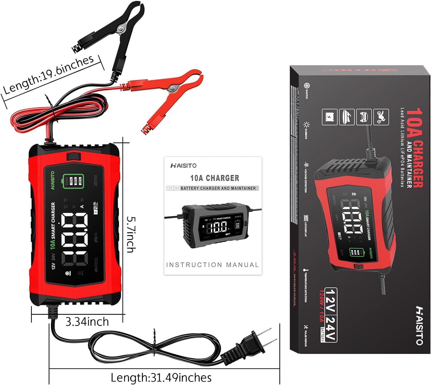 Battery Charger, 10-Amp 12V and 24V Fully-Automatic Smart Car Battery Charger, Automotive Battery Maintainer Trickle Charger, Battery Desulfator with Temperature Compensation for Car Truck Motorcyc