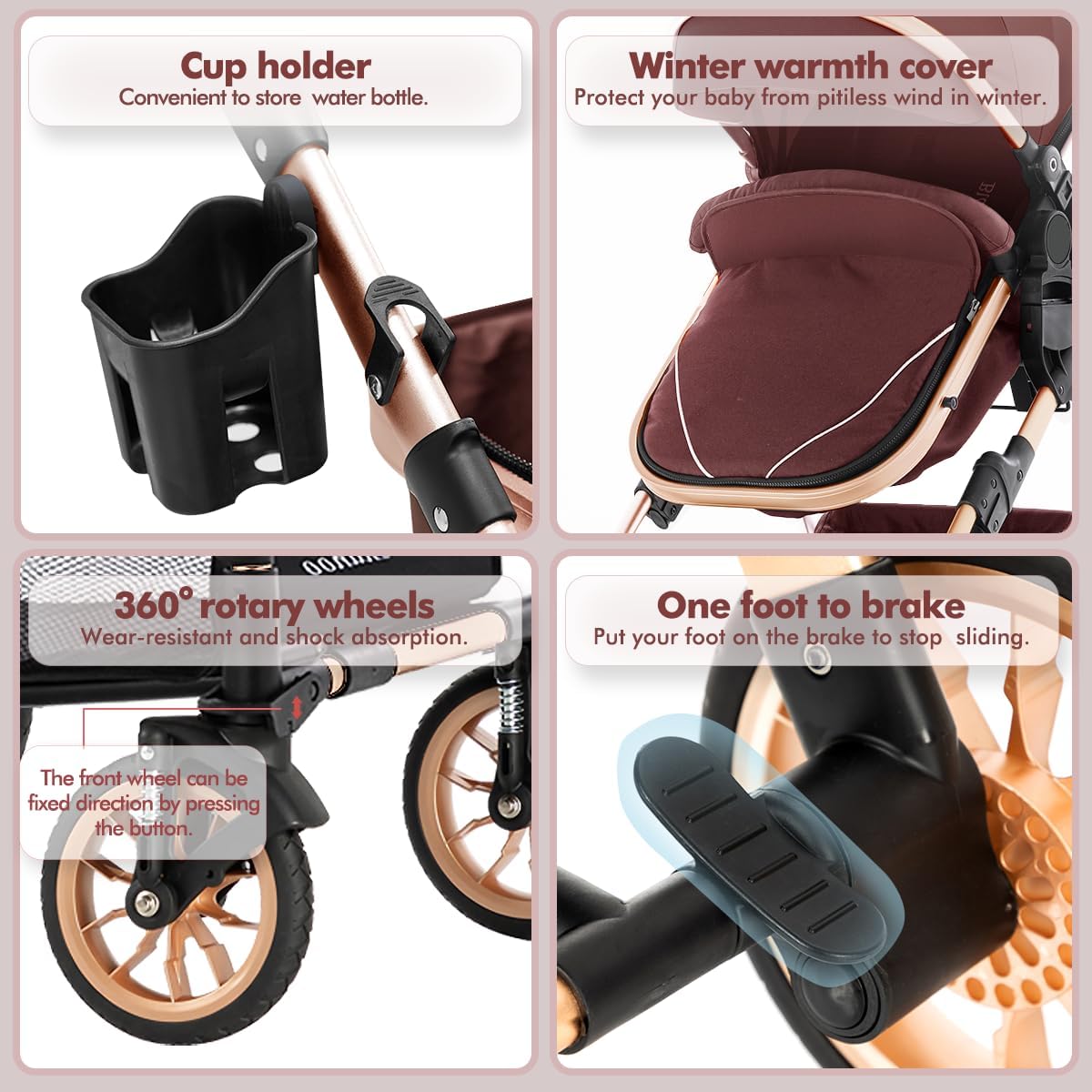 Blahoo Baby Stroller for Toddler,Bassinet Stroller,Foldable Aluminum Alloy Pushchair with Adjustable Backrest,Adjustable Direction Coffee