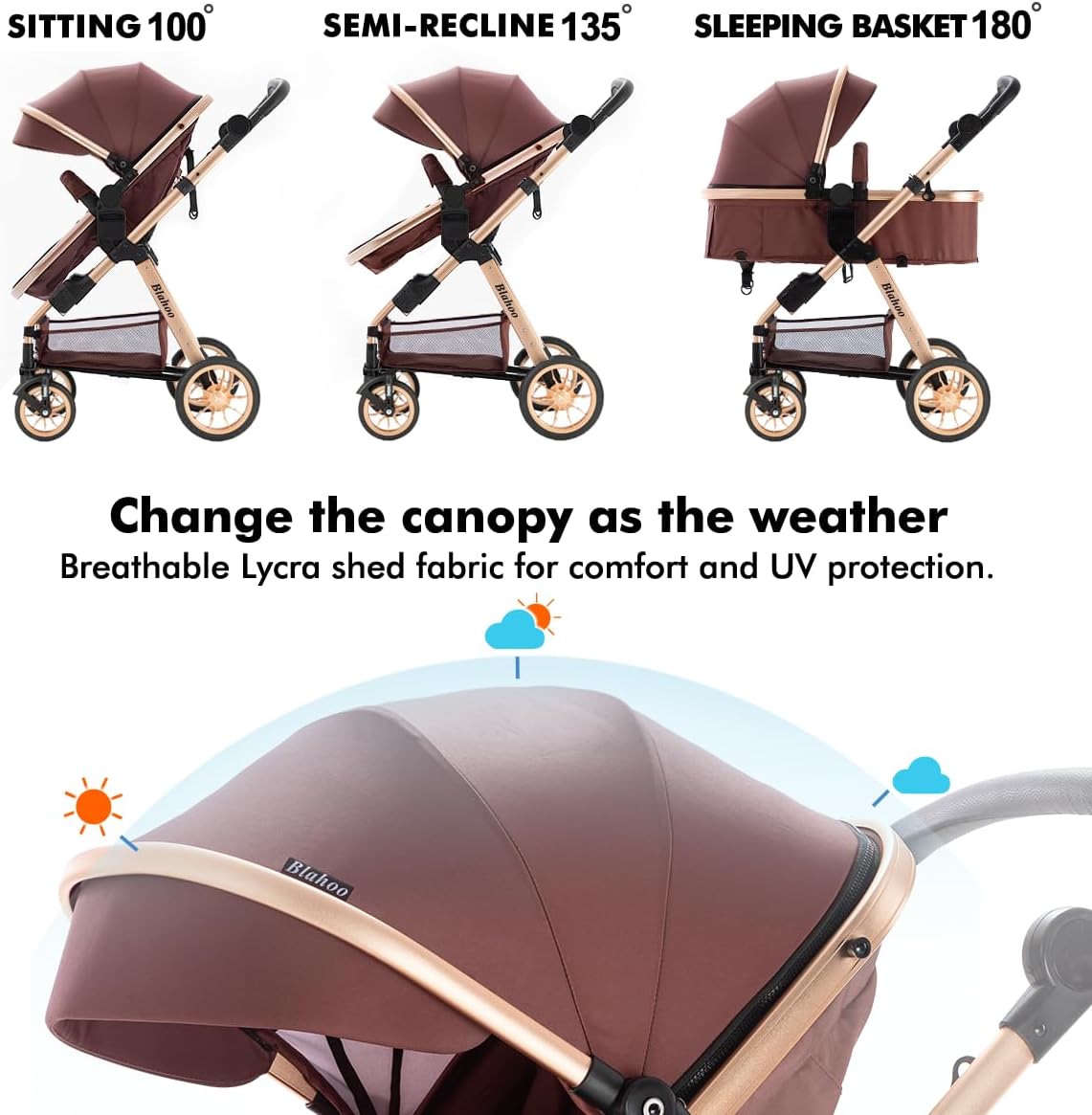 Blahoo Baby Stroller for Toddler,Bassinet Stroller,Foldable Aluminum Alloy Pushchair with Adjustable Backrest,Adjustable Direction Coffee