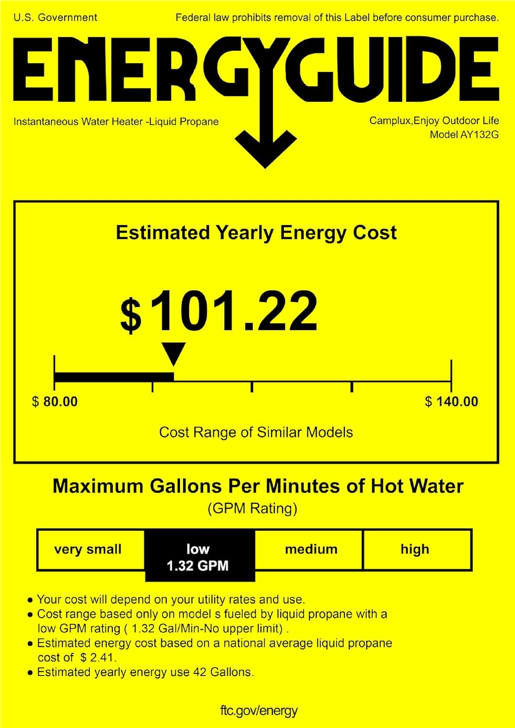 Camplux Tankless Water Heater, 1.32 GPM Portable Propane Outdoor Camping Water Heater, 5L, AY132, White