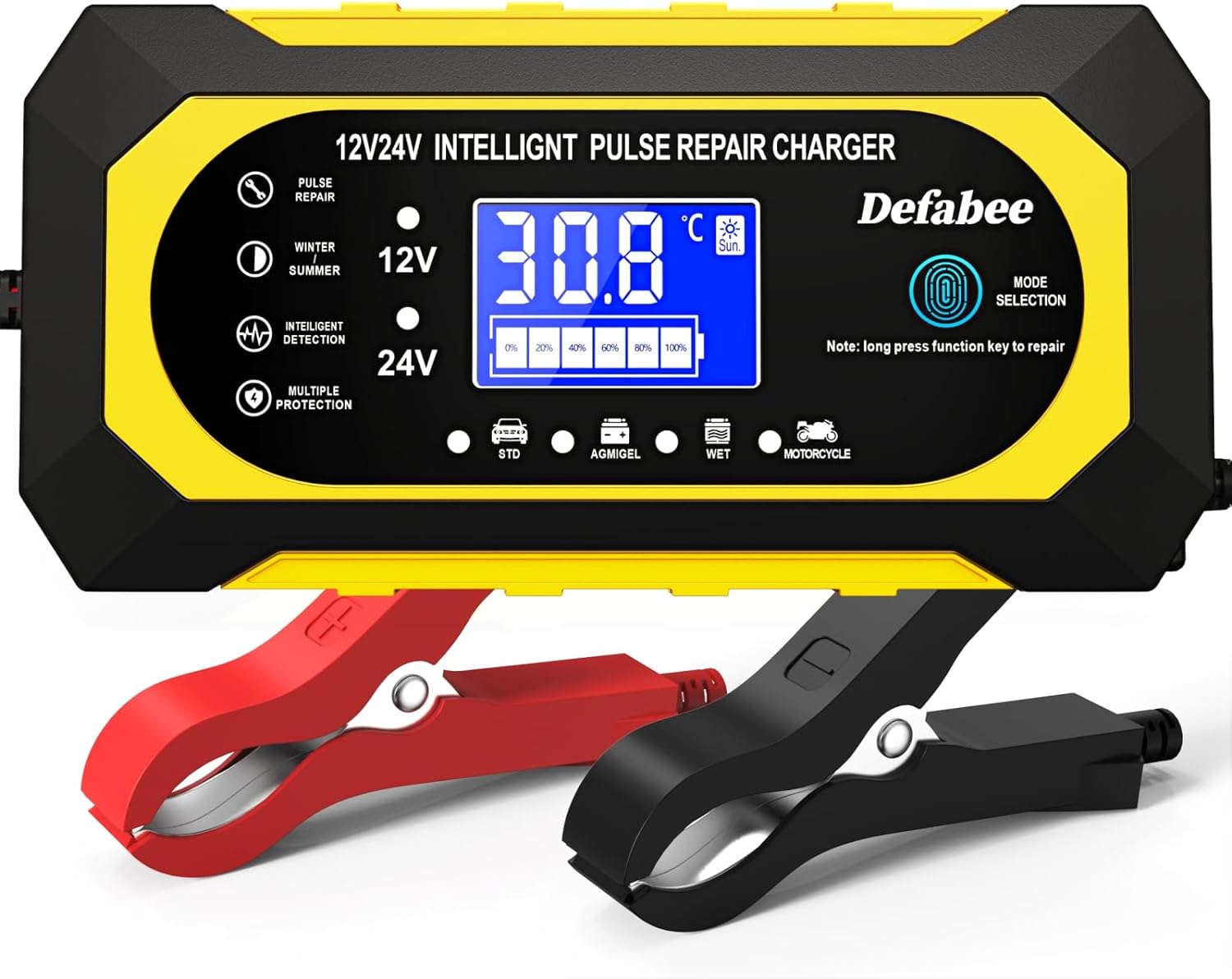 Defabee Car Battery Charger, 10-Amp 12V and 24V Smart Fully Automatic Temperature Compensation, Battery Charger Maintainer Trickle Charger for AGM Lead-Acid Batteries Truck Motorcycle Lawn Mower Boat