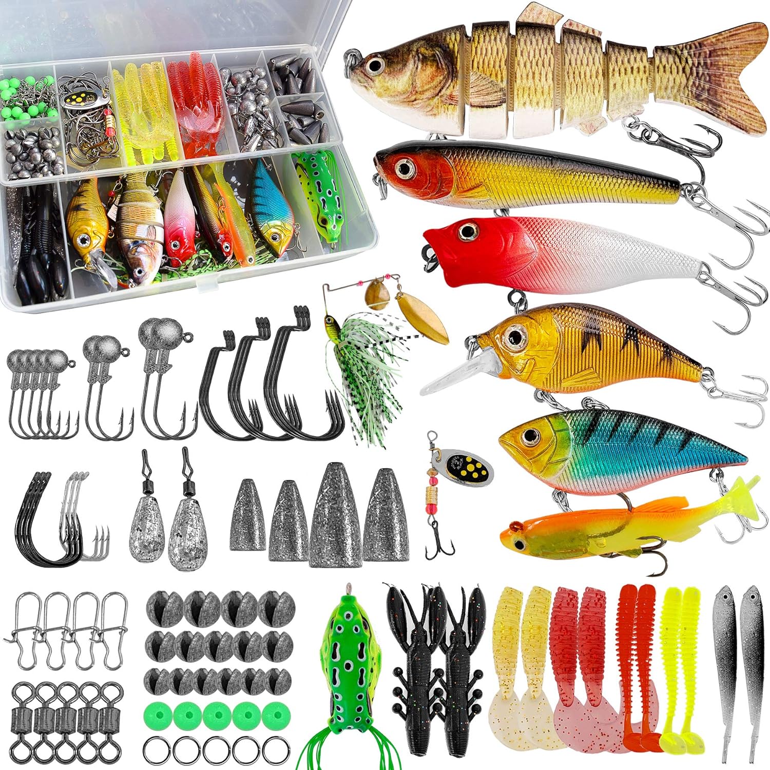 Fishing Lures Baits Tackle Fishing Accessories Kit Including Crankbaits, Spinnerbaits,Jig Hooks, Plastic Worms, Topwater Lures, Tackle Box and Fishing Gear Lures Kit Set