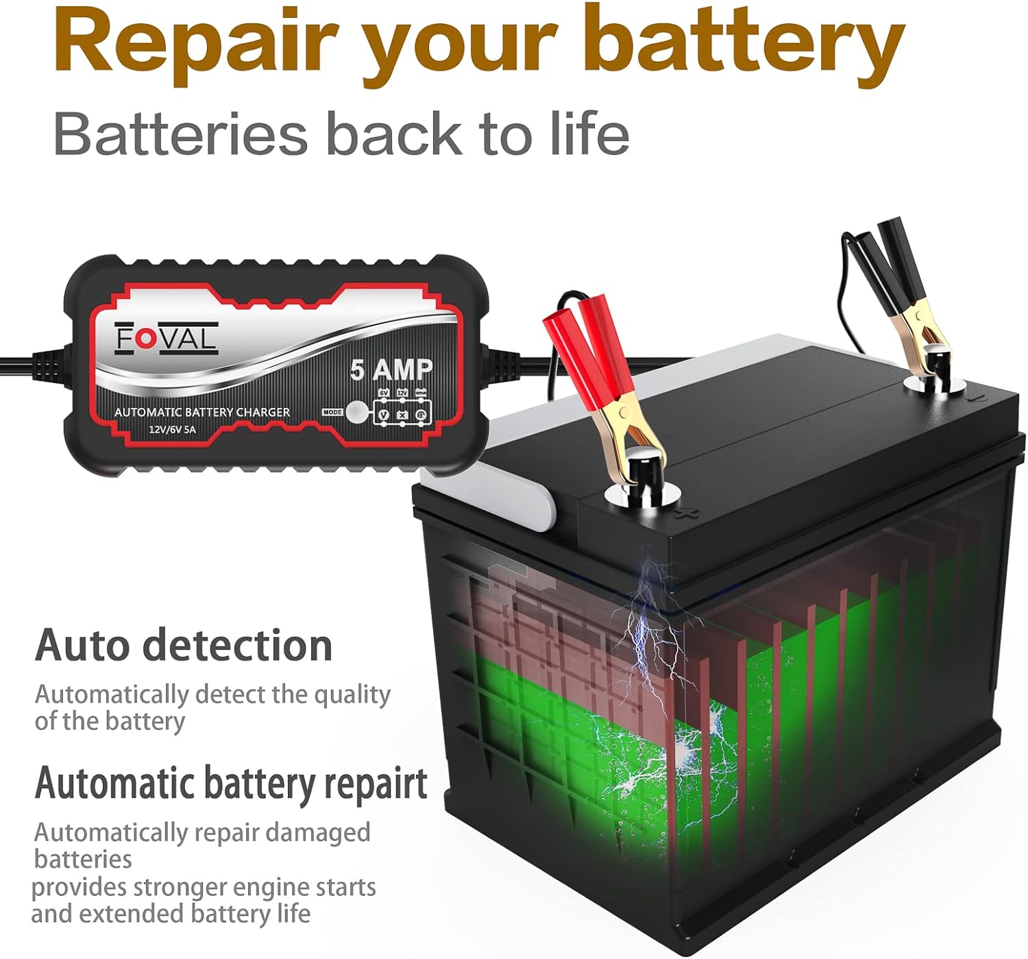 FOVAL 5A Smart Car Battery Charger, 6V and 12V Battery Charger Automotive, Battery Maintainer, Trickle Charger for Motorcycle, Float Charger for Cars, Trucks, SUVs, Boat, Lawn Mower, RV, ATV