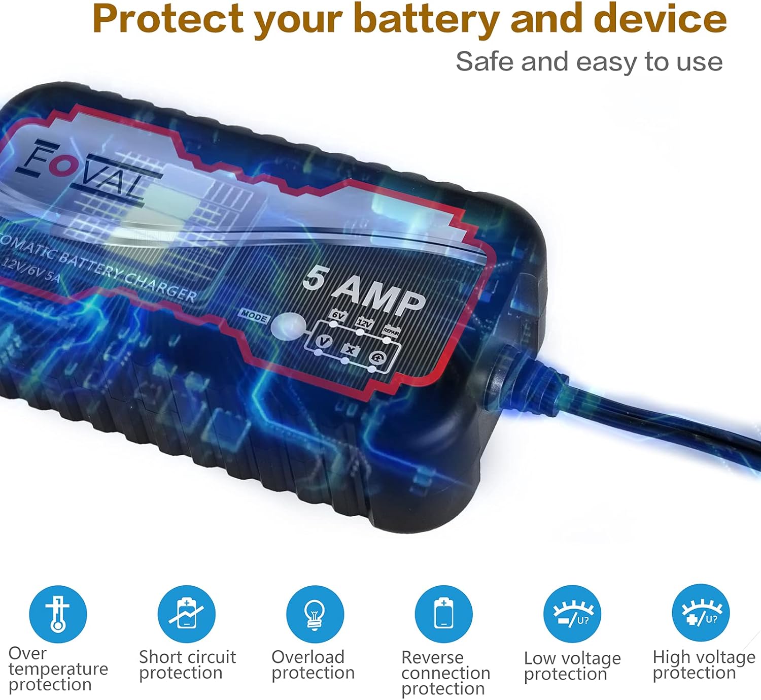FOVAL 5A Smart Car Battery Charger, 6V and 12V Battery Charger Automotive, Battery Maintainer, Trickle Charger for Motorcycle, Float Charger for Cars, Trucks, SUVs, Boat, Lawn Mower, RV, ATV