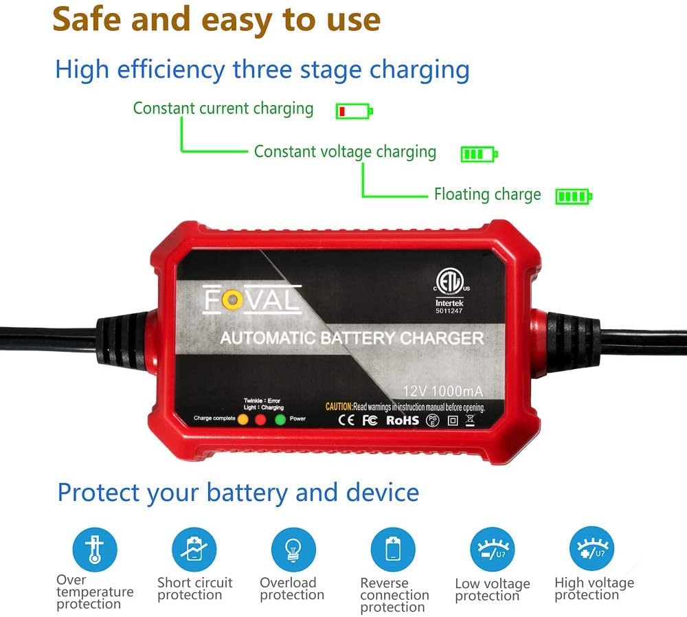 Foval Automatic Trickle Battery Charger 12V 1000mA Smart Battery Charger