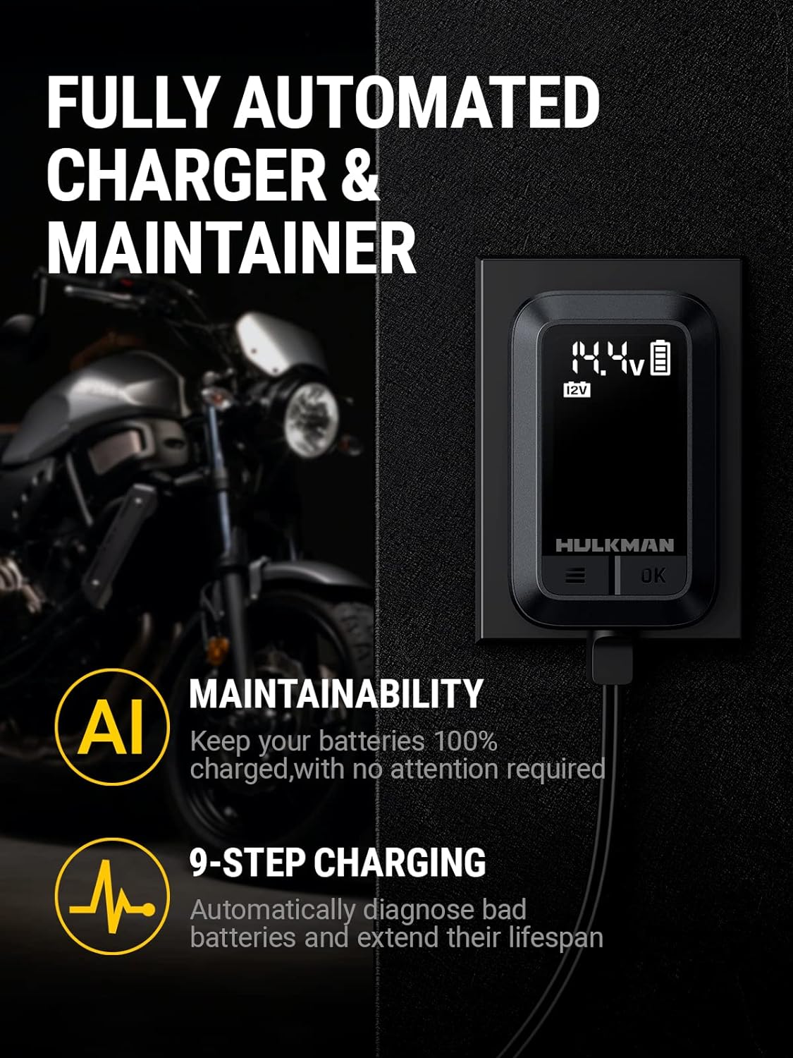 HULKMAN Sigma 1 Car Battery Charger, 1A 6V/12V Automatic Smart Trickle Charger, Battery Maintainer, and Desulfator with Intelligent Interface