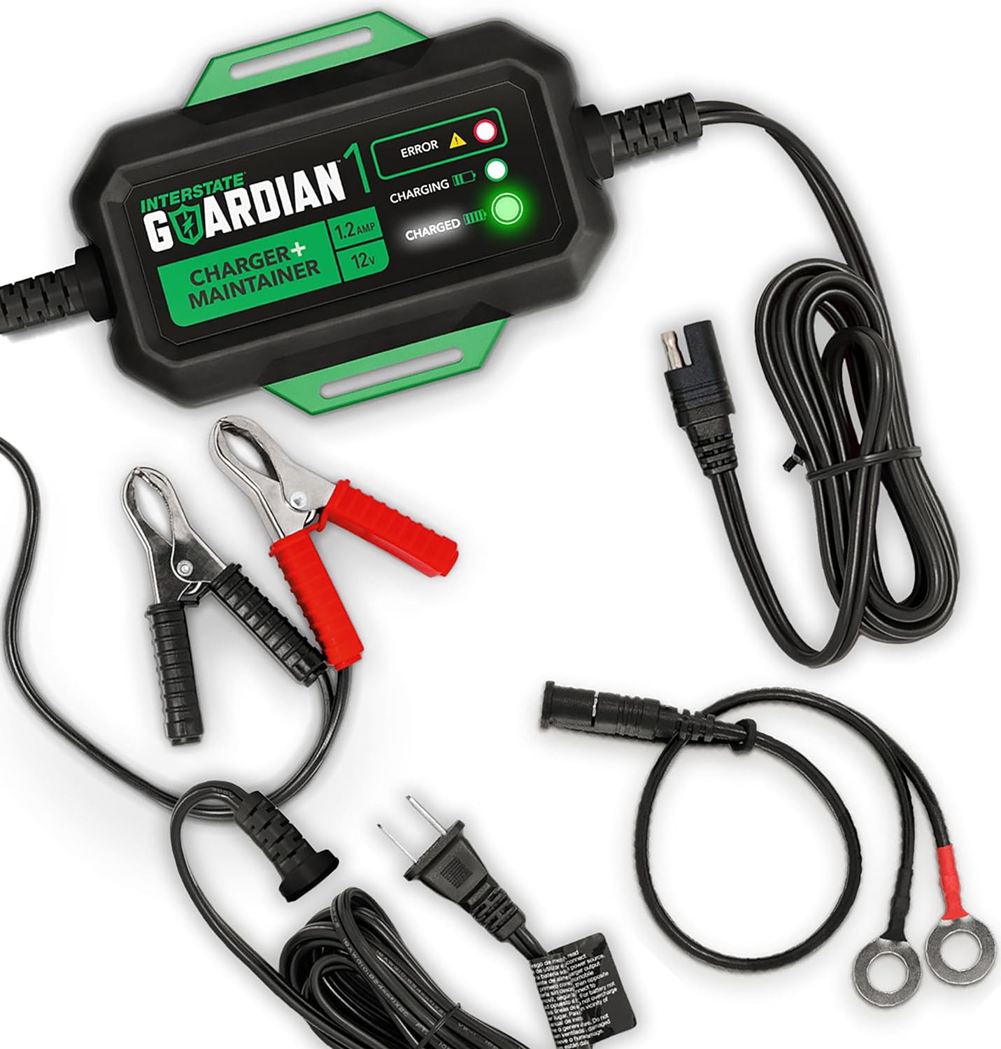 Interstate Batteries 12V Battery Charger and Maintainer (12V, 1.2A) Portable, Automatic, Trickle Charging for Automotive, AGM, Flooded, Gel, Lead-Acid, Powersports (CHGIB12)