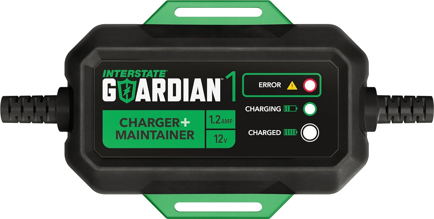 Interstate Batteries 12V Battery Charger and Maintainer (12V, 1.2A) Portable, Automatic, Trickle Charging for Automotive, AGM, Flooded, Gel, Lead-Acid, Powersports (CHGIB12)