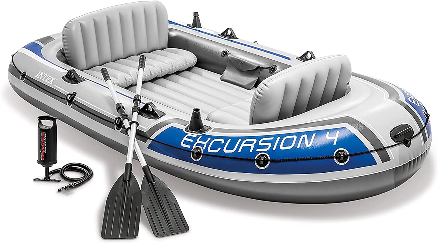 INTEX Excursion Inflatable Boat Series: Includes Deluxe 54in Aluminum Oars and High-Output Pump – SuperStrong PVC – Adjustable Seats with Backrest – Fishing Rod Holders – Welded Oar Locks