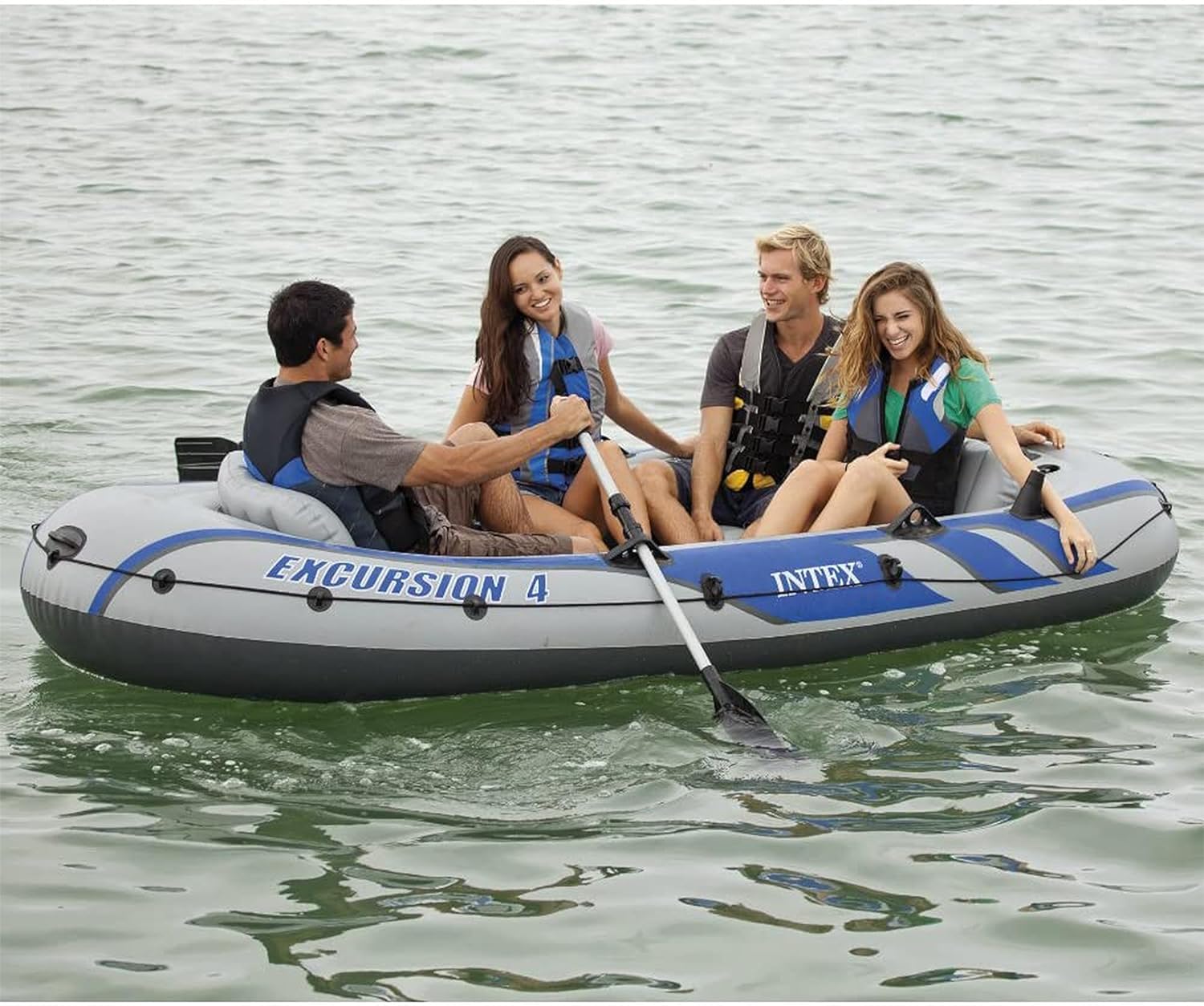 INTEX Excursion Inflatable Boat Series: Includes Deluxe 54in Aluminum Oars and High-Output Pump – SuperStrong PVC – Adjustable Seats with Backrest – Fishing Rod Holders – Welded Oar Locks