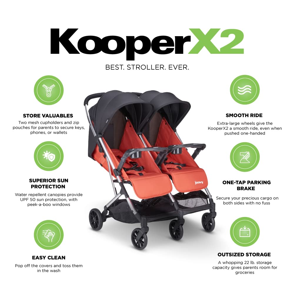 Joovy Kooper X2 Double Stroller, Lightweight Travel Stroller, Compact Fold with Tray, Black