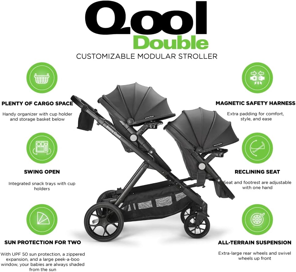 Joovy New Qool Double Stroller, Customizable Modular Stroller, Jet