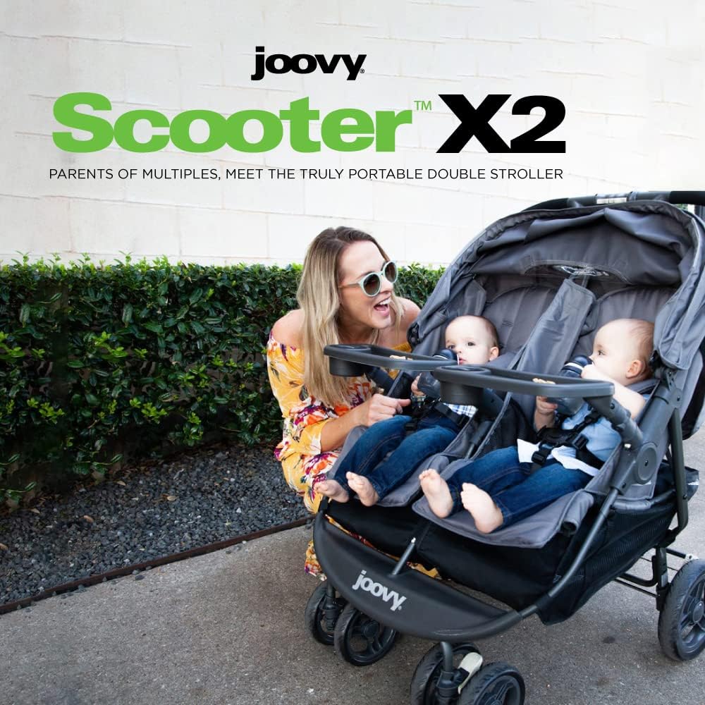 Joovy Scooter X2 Side-by-Side Double Stroller Featuring Dual Snack Trays, One-Handed Fold, Multi-Position Reclining Seats, Adjustable Leg Rests, and in-Seat Storage (Black)