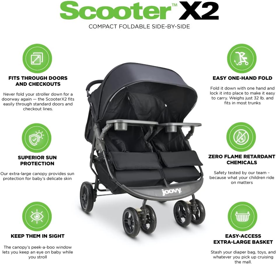 Joovy Scooter X2 Side-by-Side Double Stroller Featuring Dual Snack Trays, One-Handed Fold, Multi-Position Reclining Seats, Adjustable Leg Rests, and in-Seat Storage (Black)