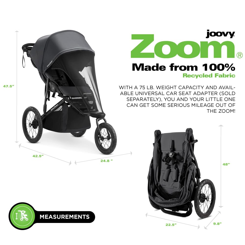 Joovy Zoom Lightweight Jogging Stroller Featuring High Child Seat, Shock-Absorbing Suspension, Extra-Large Air-Filled Tires, Parent Organizer, One-Handed Fold, and Easy One-Hand Fold, Slate