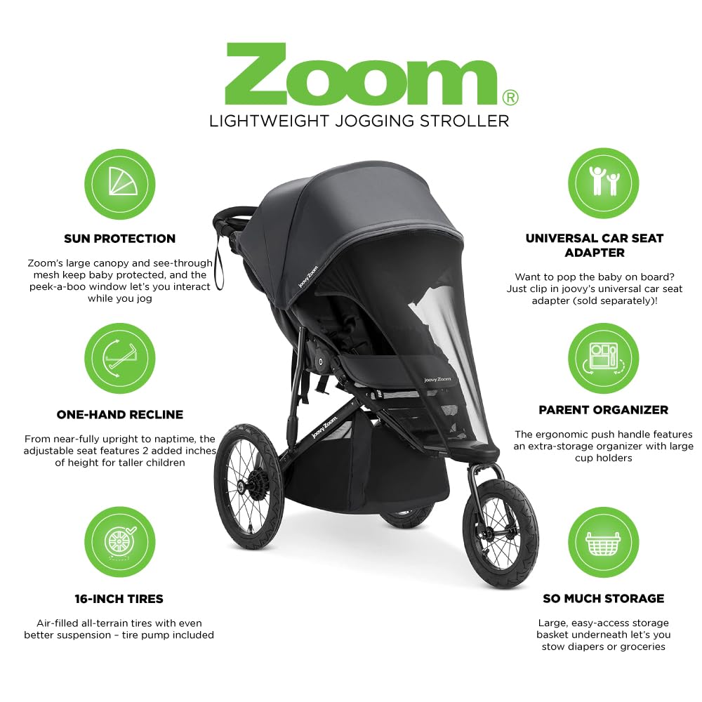 Joovy Zoom Lightweight Jogging Stroller Featuring High Child Seat, Shock-Absorbing Suspension, Extra-Large Air-Filled Tires, Parent Organizer, One-Handed Fold, and Easy One-Hand Fold, Slate